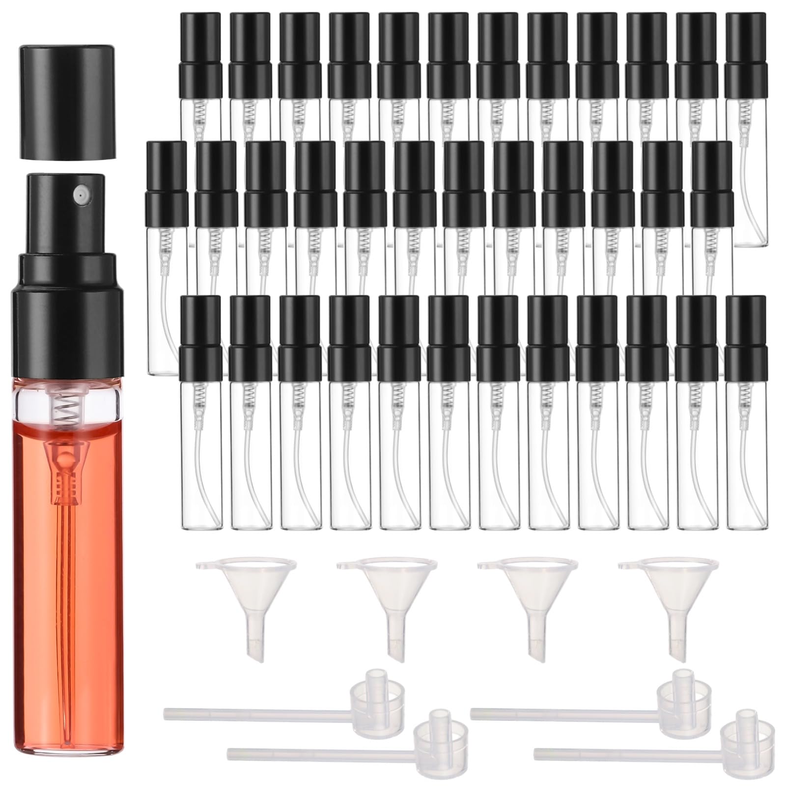 Mini butelki z rozpylaczem, 5 ml, szklane butelki na perfumy, przenośne pojemniki na próbki z czarnymi nasadkami, rozpylacze drobnej mgły, w zestawie 4 lejki i 4 dozowniki