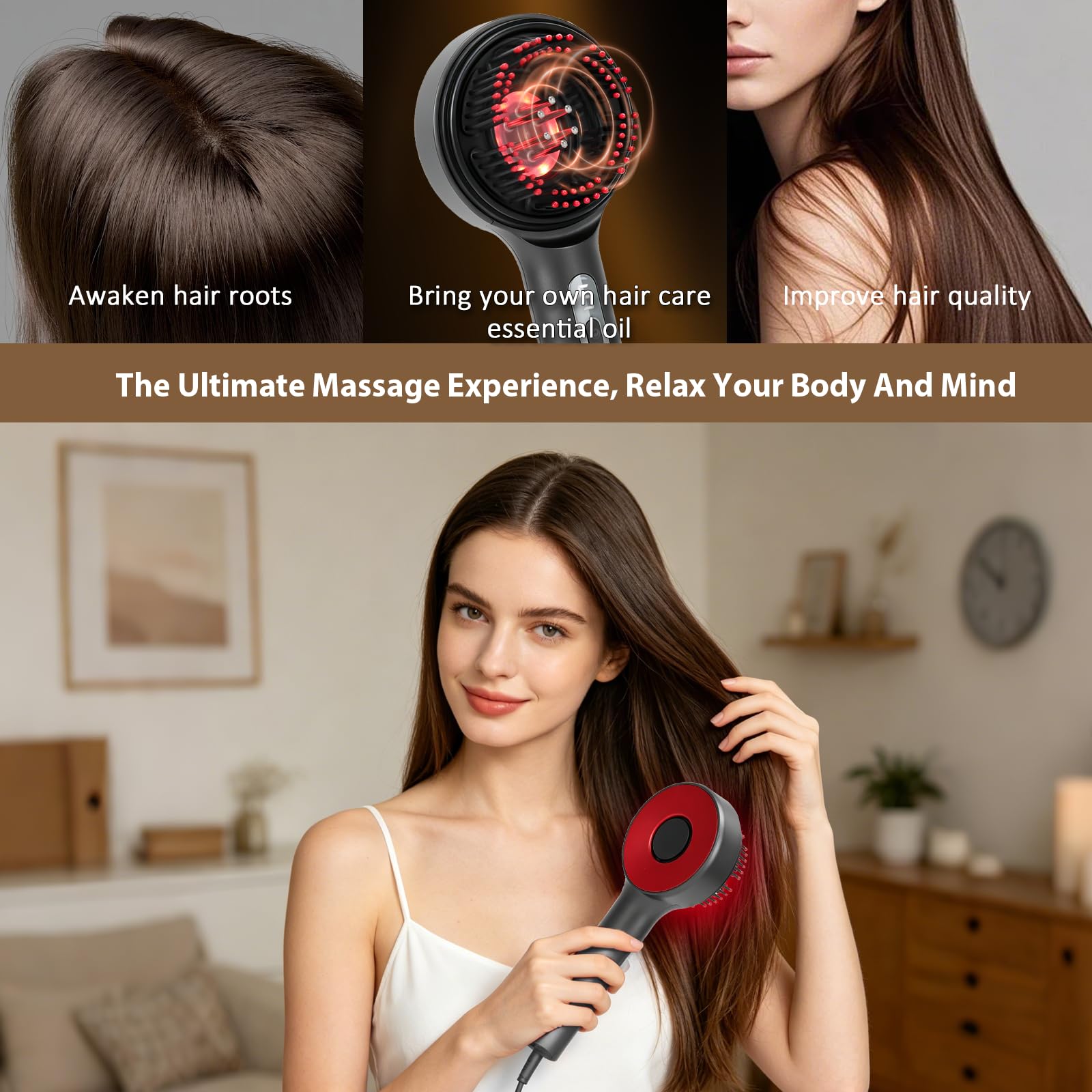 Kopfmassagegerät Elektrisch, 3-in-1 Kopfhautmassagebürste mit Haaröl-Applikator, Kopfhautmassage mit Rotlicht/Blaulicht/Mischlicht, Scalp Massager IPX7 wasserdicht