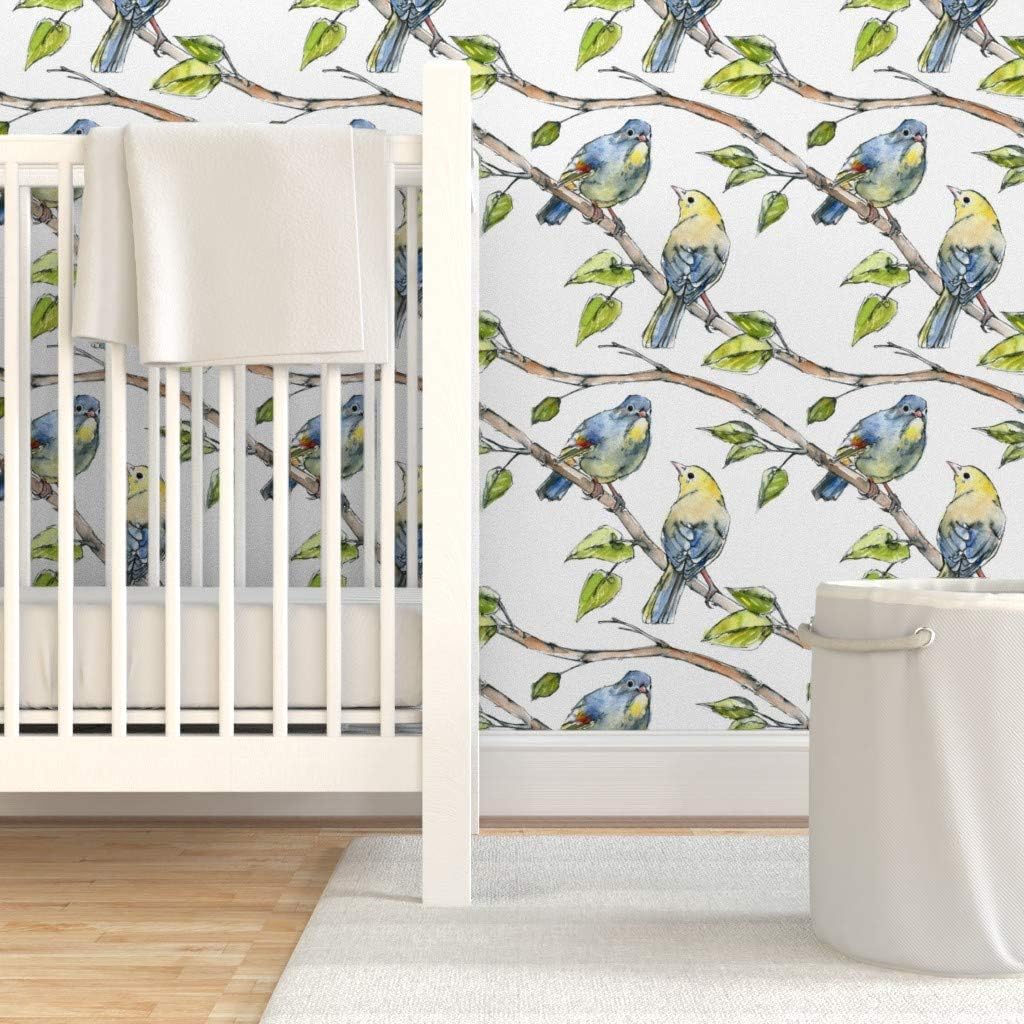 Peel & Stick Wallpaper 3ft x 2ft - Watercolor Birds Nature Bird Painting Happy Branch Green Yellow Bright Woodland Custom Removable Wallpaper by Spoonflower