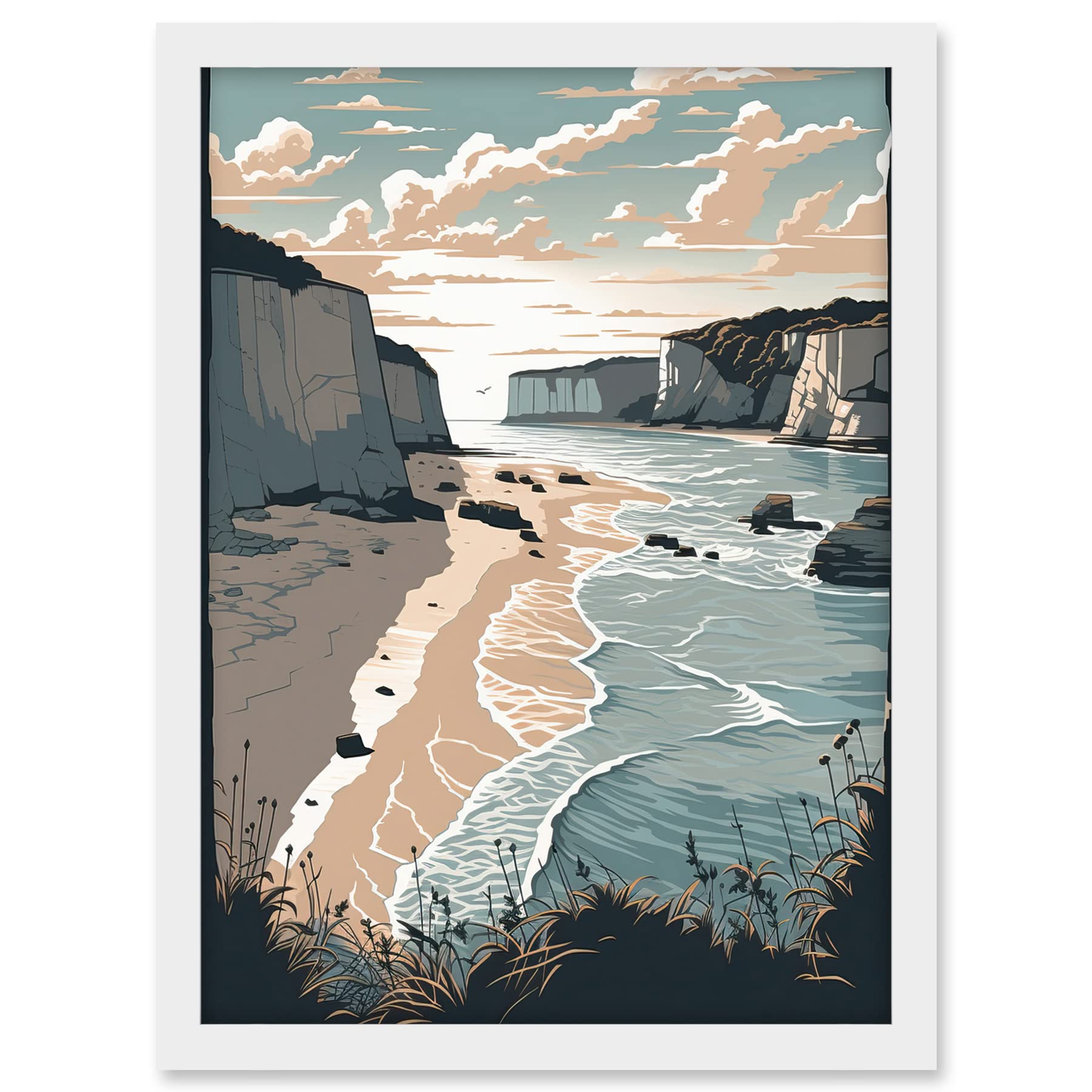 Artery8 Bay with Cliffs Pastel Colour Coastal Landscape Artwork Framed A3 Wall Art Print