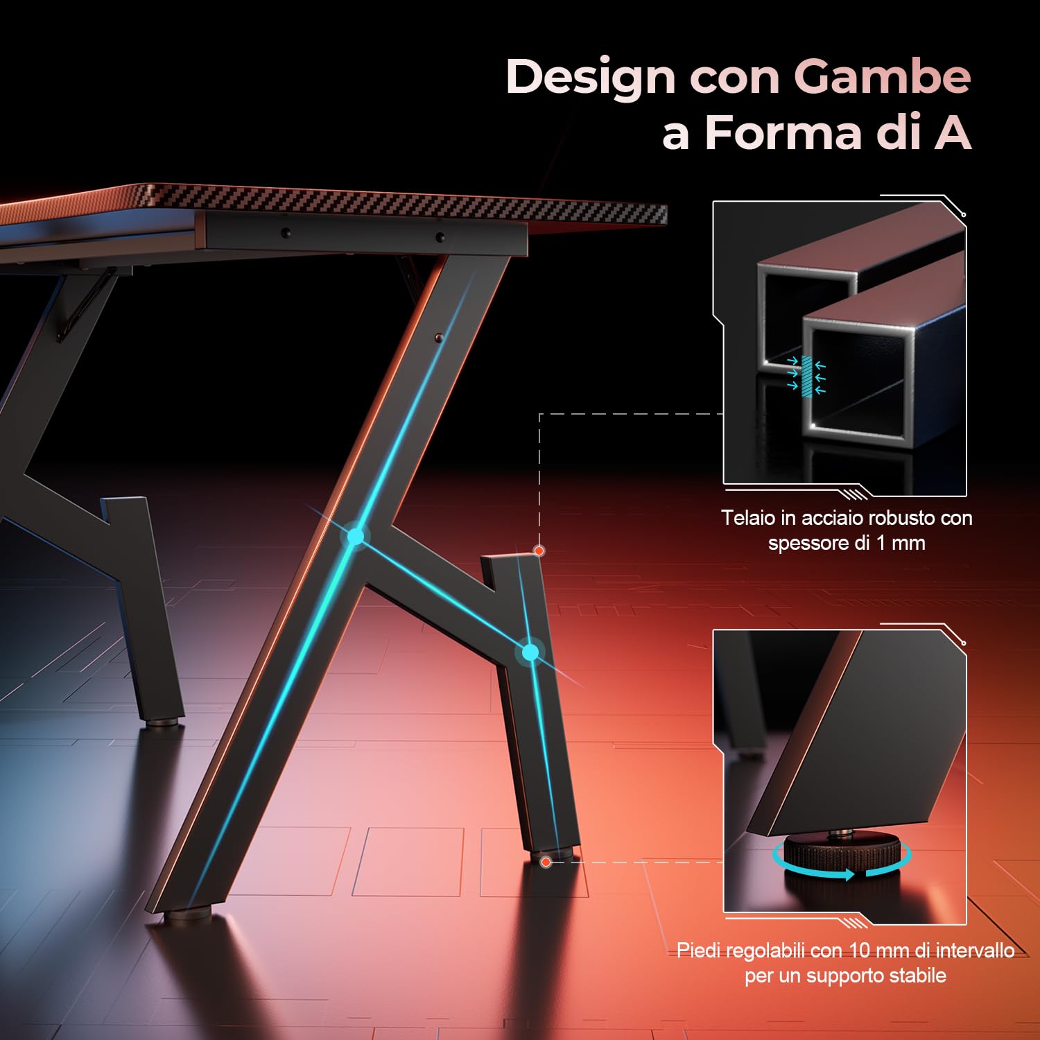 HLONONE Tavolo da gaming, 80 x 50 cm, tavolo per PC con piano monopezzo, nero | Scrivania da gioco ergonomica con superficie in fibra di carbonio, struttura in metallo stabile, per gaming e ufficio