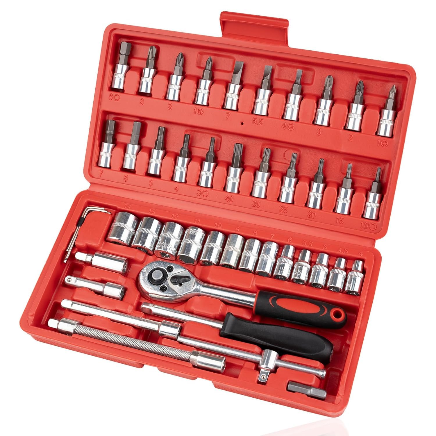 46-Piece Socket Ratchet Wrench Tool Set – 1/4 Inch Metric Drive Kit with Screwdriver Bits & Extension Bar for Car, Bike & Home Repair-image-33