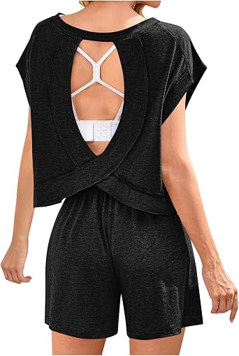 YMADREIG Shorts Sets Women 2 Piece Outfits Open Back Crewneck Cap Sleeve Tops Drawstring Shorts Lounge Athletic Matching Set
