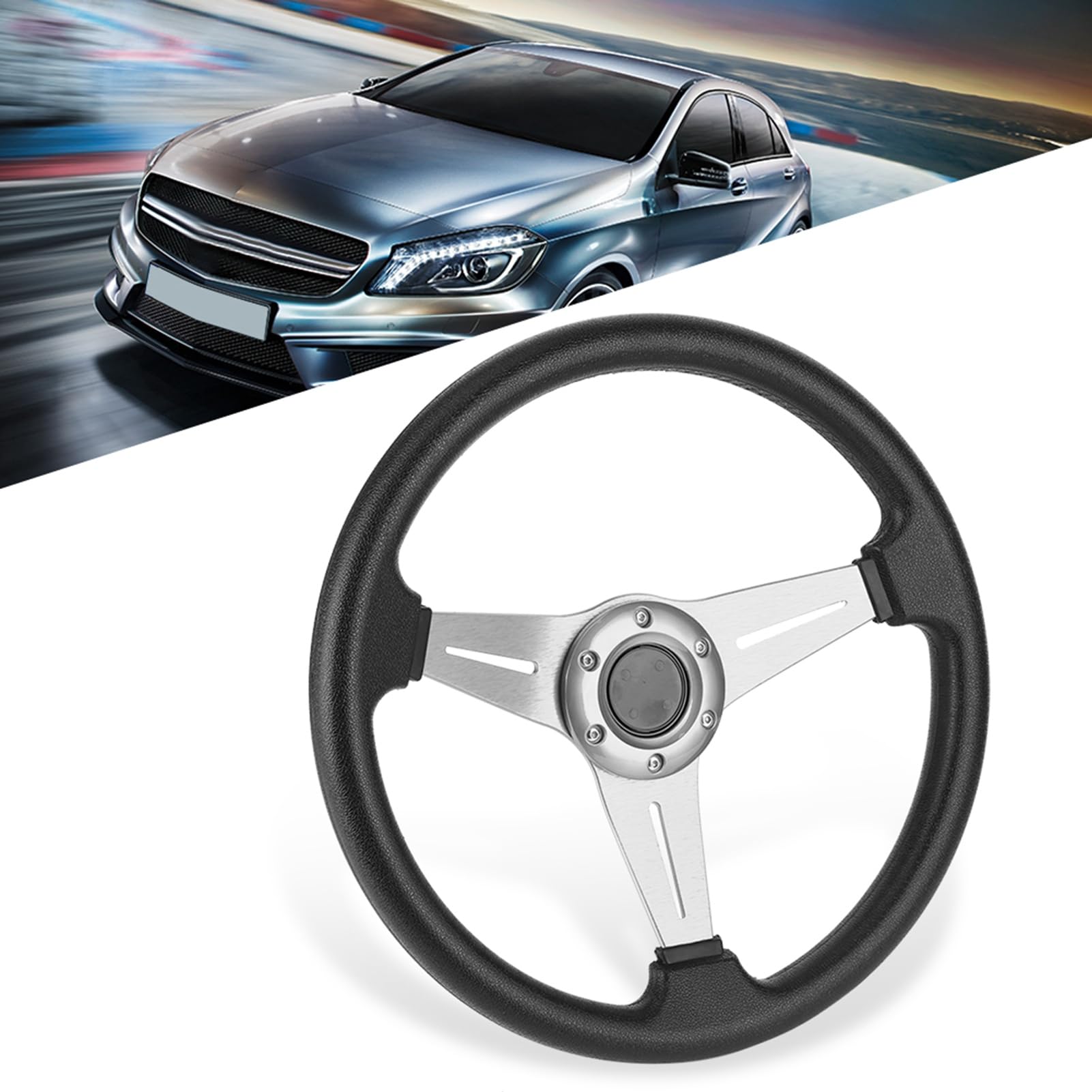 Volante di Ricambio per Auto da da 14" per Accessorio Universale, Volante Sportivo di Alta qualità per Appassionati di Auto, Lega di Alluminio + PU, Rosso/nero/argento (SILVER)