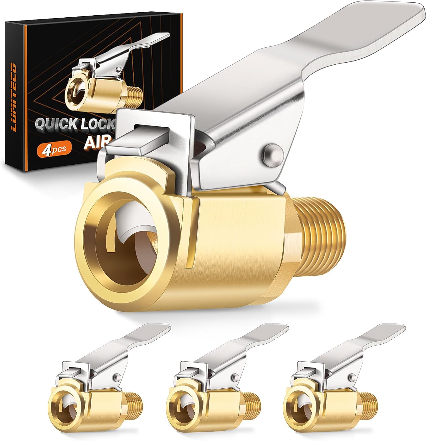 4-Pack Air Chuck Quick Connect, Brass Tire Air Chuck with Clip Adapter Compatible with Schrader Valve, No Leakage Tire Inflator Nozzle Adapter, Unscrewed Connection Converted to Locking Connection