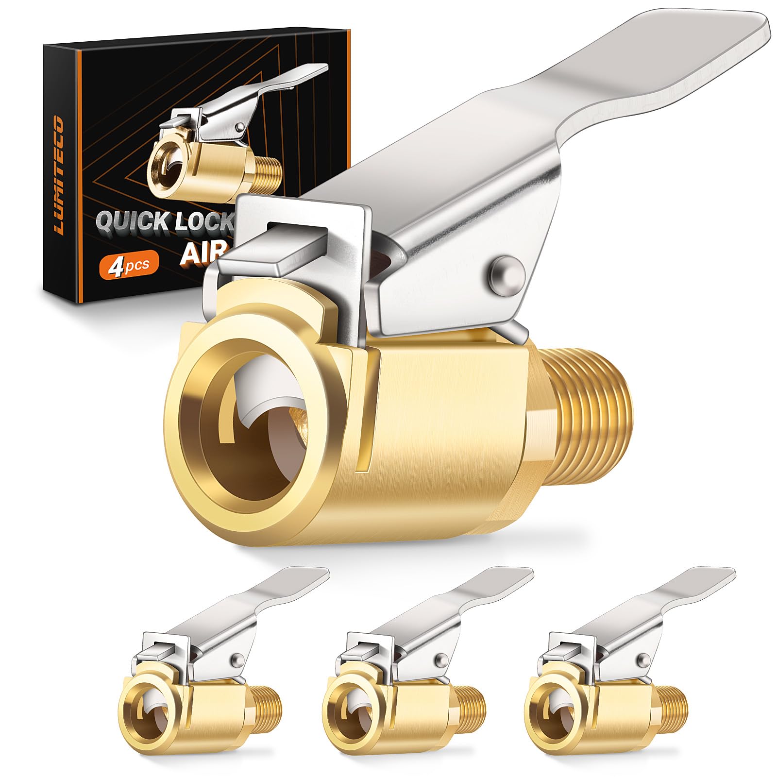 4-Pack Air Chuck Quick Connect Brass Tire Air Chuck with Clip Adapter Compatible with Schrader Valve No Leakage