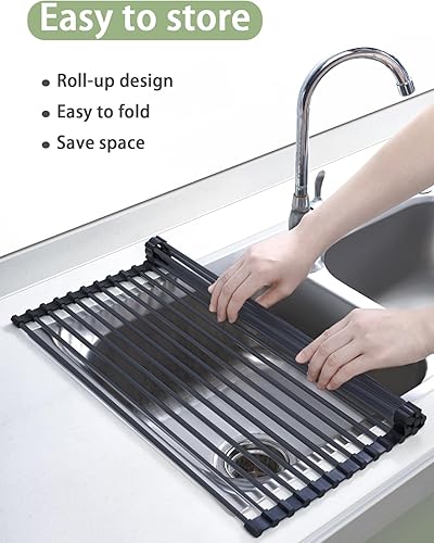 Miniatura 4 de Escurridor de platos enrollable de 20.5 x 13 pulgadas, acero inoxidable con escurridor envuelto en silicona, tapete plegable para fregadero para