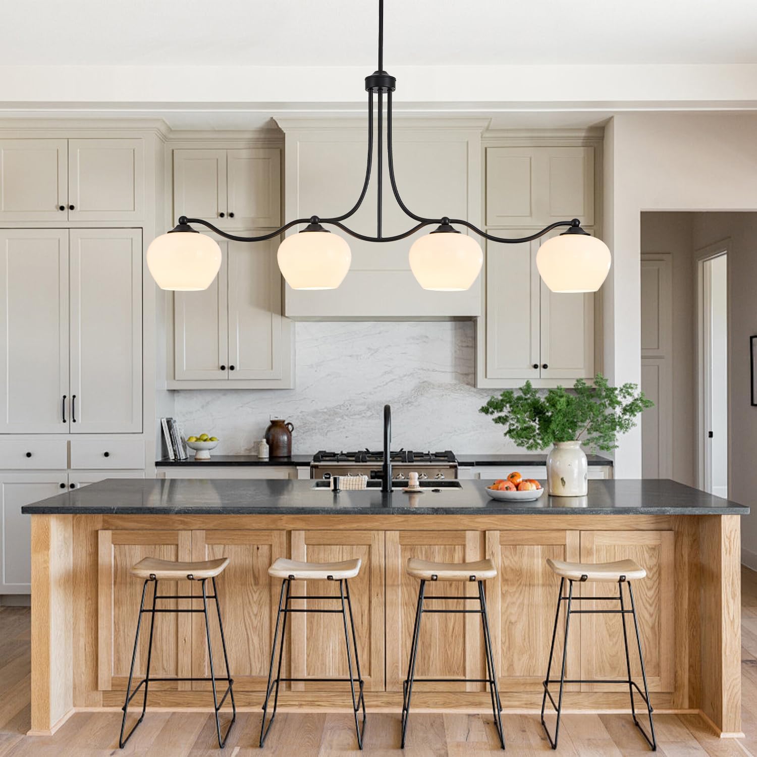 4 Lights 22.4" Kitchen Island Lighting Matte Black Dining Room Light Fixture Adjustable Rods Farmhouse Chandelier Pendant Lighting with Opal Glass Lampshade for Kitchen Over Table Living Room Entry