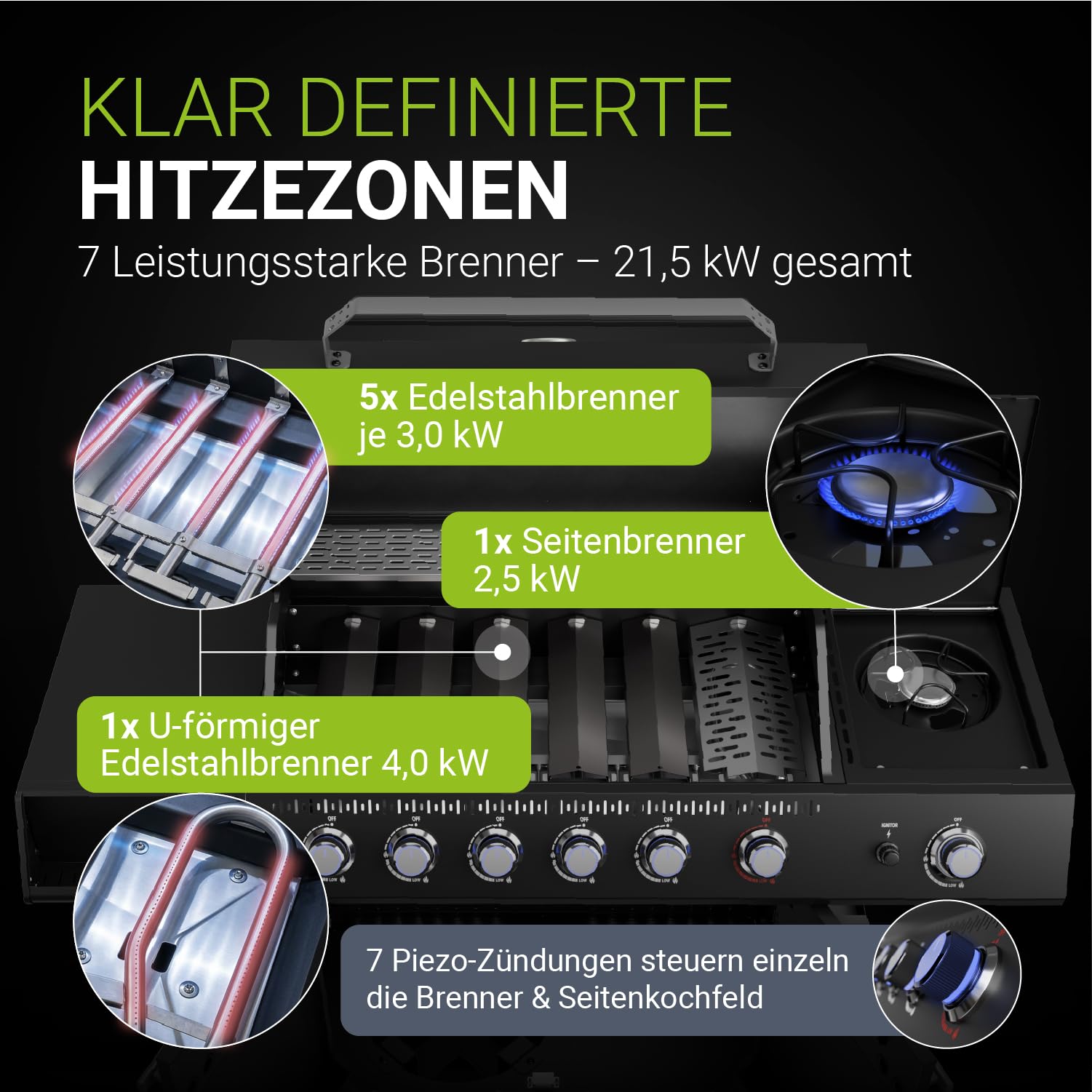 JUSKYS® Gasgrill Tennessee 6+1 – Grillwagen mit 6 Edelstahlbrennern, Seitenkocher, Gusseisenrosten, Glasdeckel mit Thermometer, LED-Knöpfen & Abdeckung