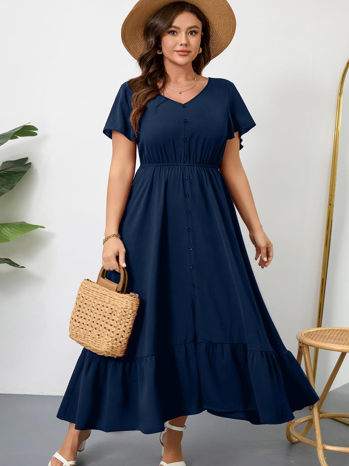 RWJ Women Plus Size Maxi Dress V Neck Short Sleeve Button Trim Split Flowy Tiered Casual Long Dresses 2025 L-3XL - Image 4