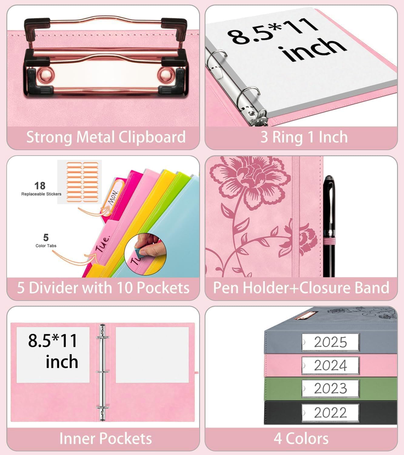 Classeur à 3 anneaux en cuir de 2,5 cm, avec porte-pinces, classeur KLLVE à trois anneaux avec porte-stylo (rose, format lettre)