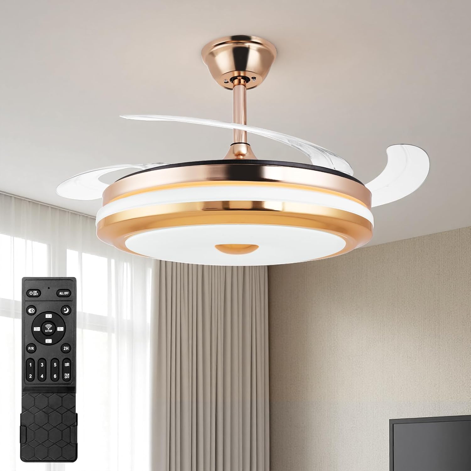 Retractable Celling Fan with Light, 42 Inch Fandelier Ceiling Fan for Bedroom Living Room Dining Room, 6 Speed & Dimmable LED Light (Brushed Nickel, Model 2)
