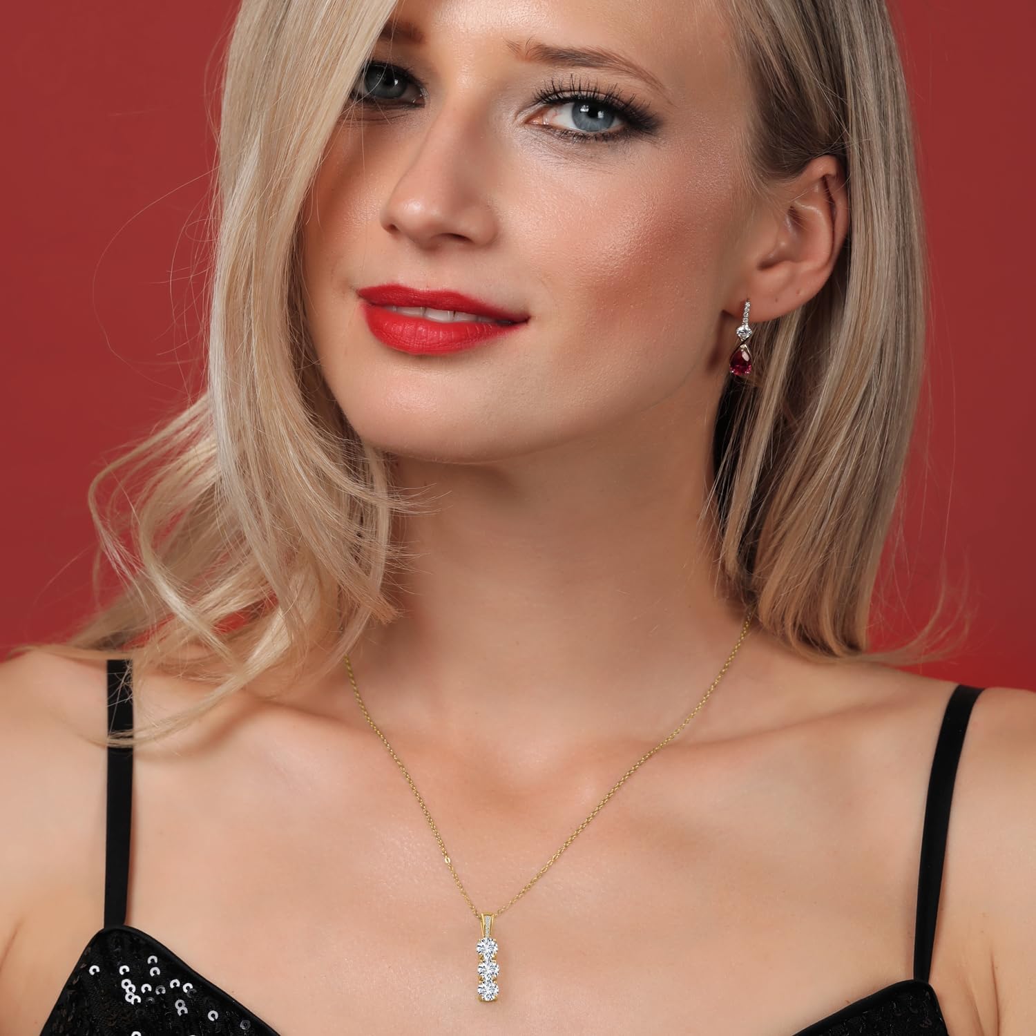 Gem Stone King 18K Yellow Gold Plated Silver Diamond and 3 Gemstone Birthstone Mother Necklaces For Women | Three Stone Pendant Necklace | Round 5MM | With 18 Inch Silver Chain