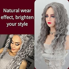 Fencca Grey Long Curly Wig Synthetic Mixed Gray Wave hair for Women Free Part Full Layered Long Wavy Grey Wig