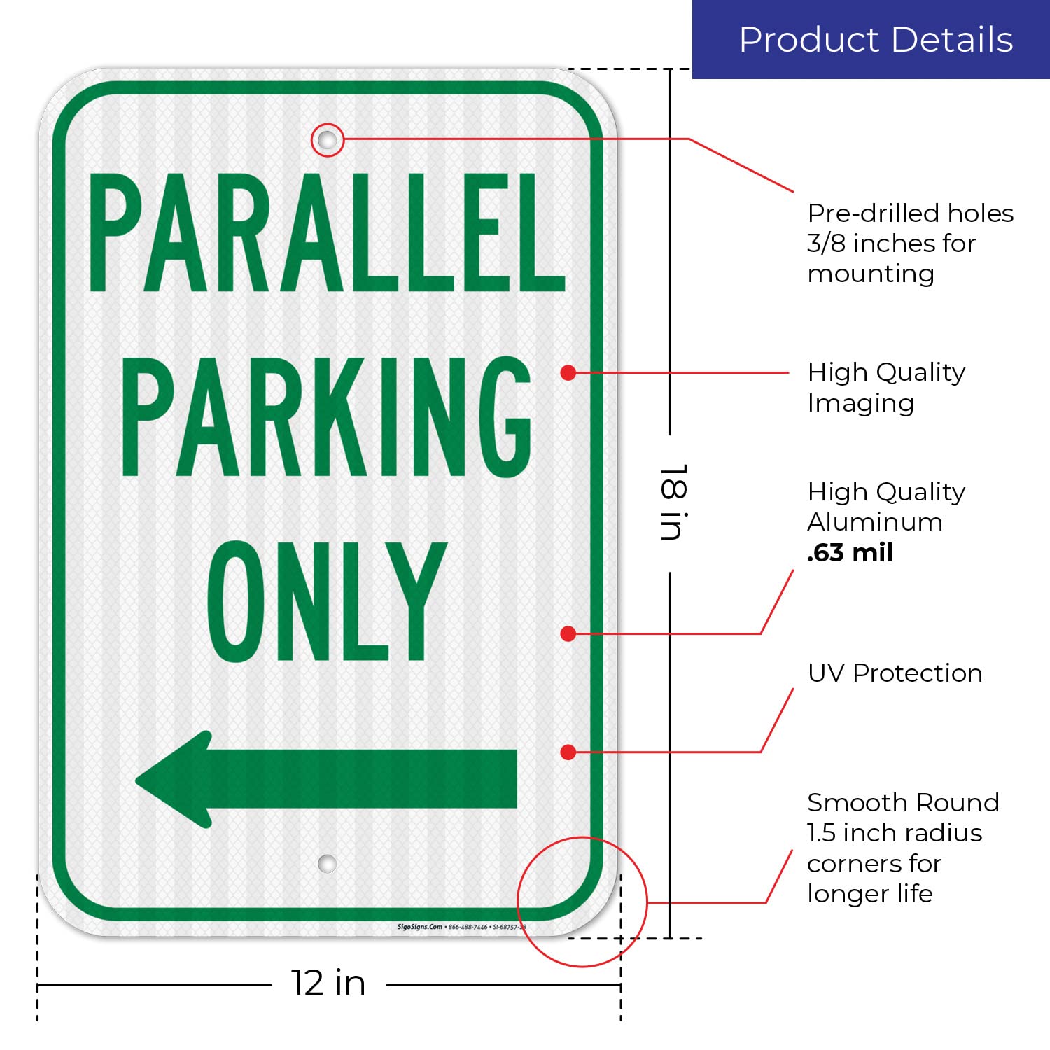 Parallel Parking Only with Left Arrow Sign, 12x18 Inches, 3M EGP Reflective .063 Aluminum, Fade Resistant, Made in USA