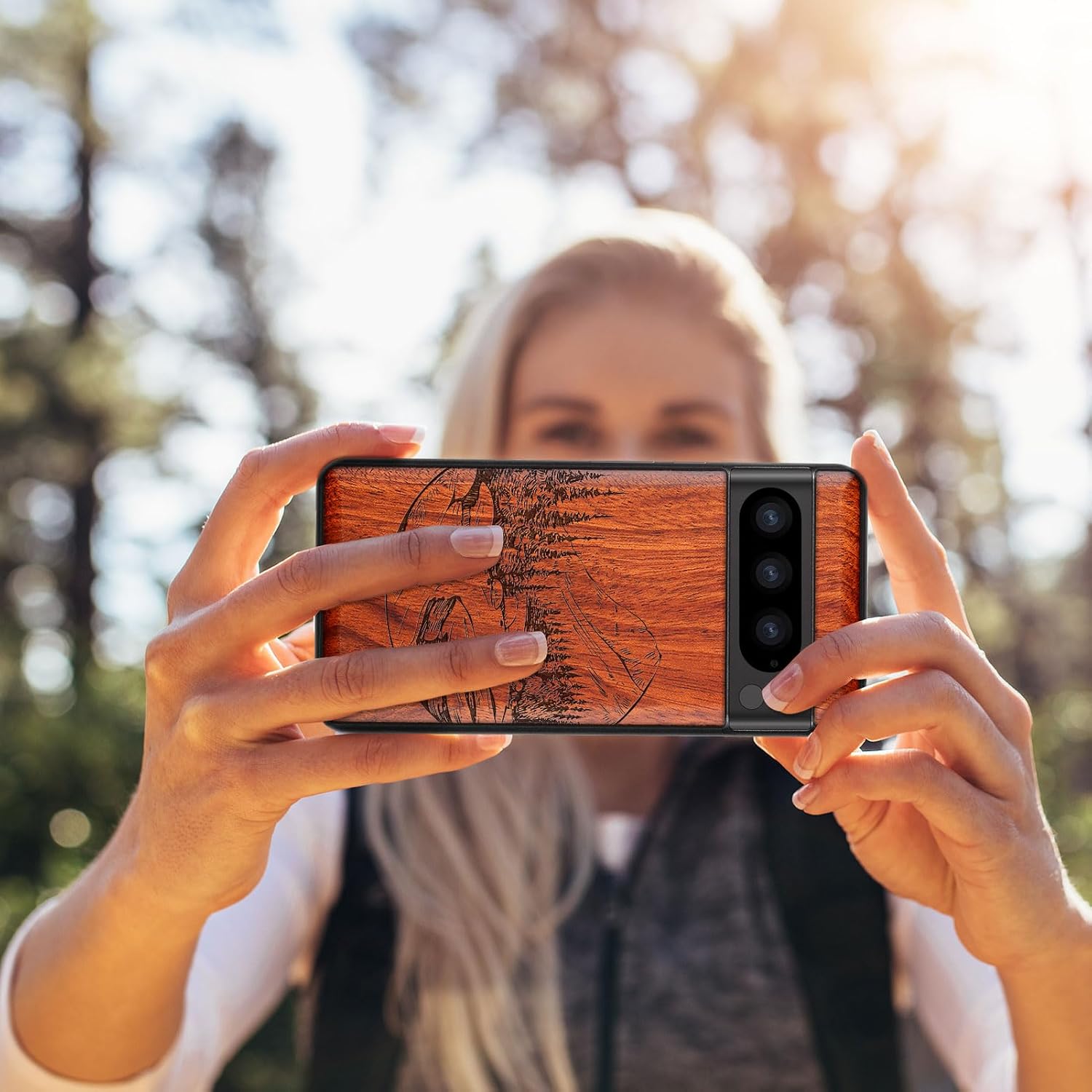 Carveit Wood Case for Pixel 8 Pro Case [Natural Wood & Black Soft TPU] Shockproof Protective Unique Wooden Cover Compatible with Google Pixel 8 Pro (Lake and Mountain-Rosy)