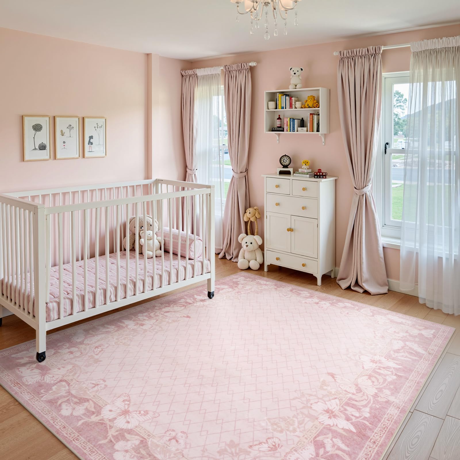 STARUIA Alfombra grande lavable de 5 x 7 pies para sala de estar, antideslizante, suave, rosa, para dormitorio, niñas, elegante alfombra de granja, alfombra de mariposa, oficina, comedor, habitación