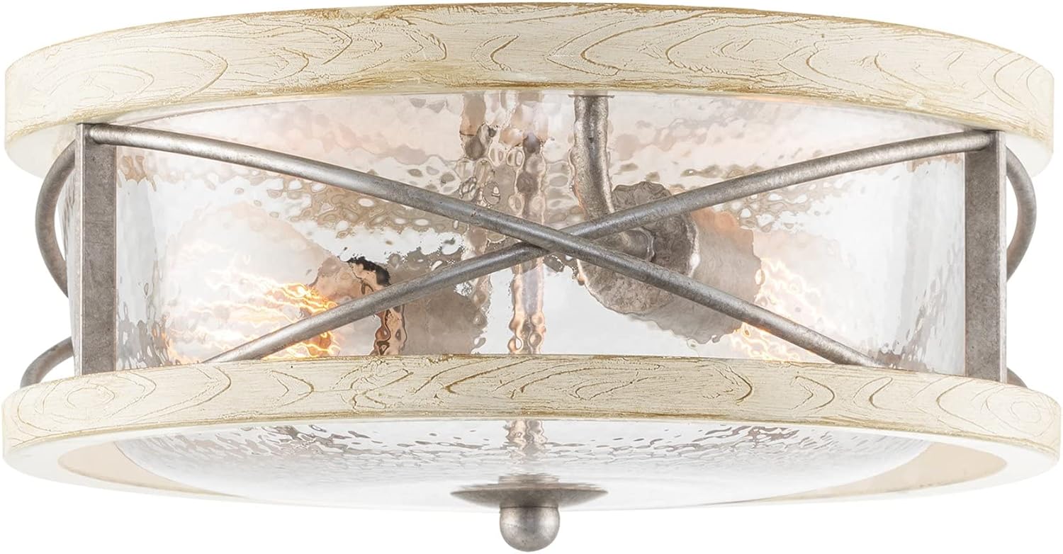 Kira Home Blaylock 13" 2-Light Modern Farmhouse Flush Mount Close to Ceiling Light + Hammered Glass Shade, White Ash Wood Finish + Galvanized Steel Finish
