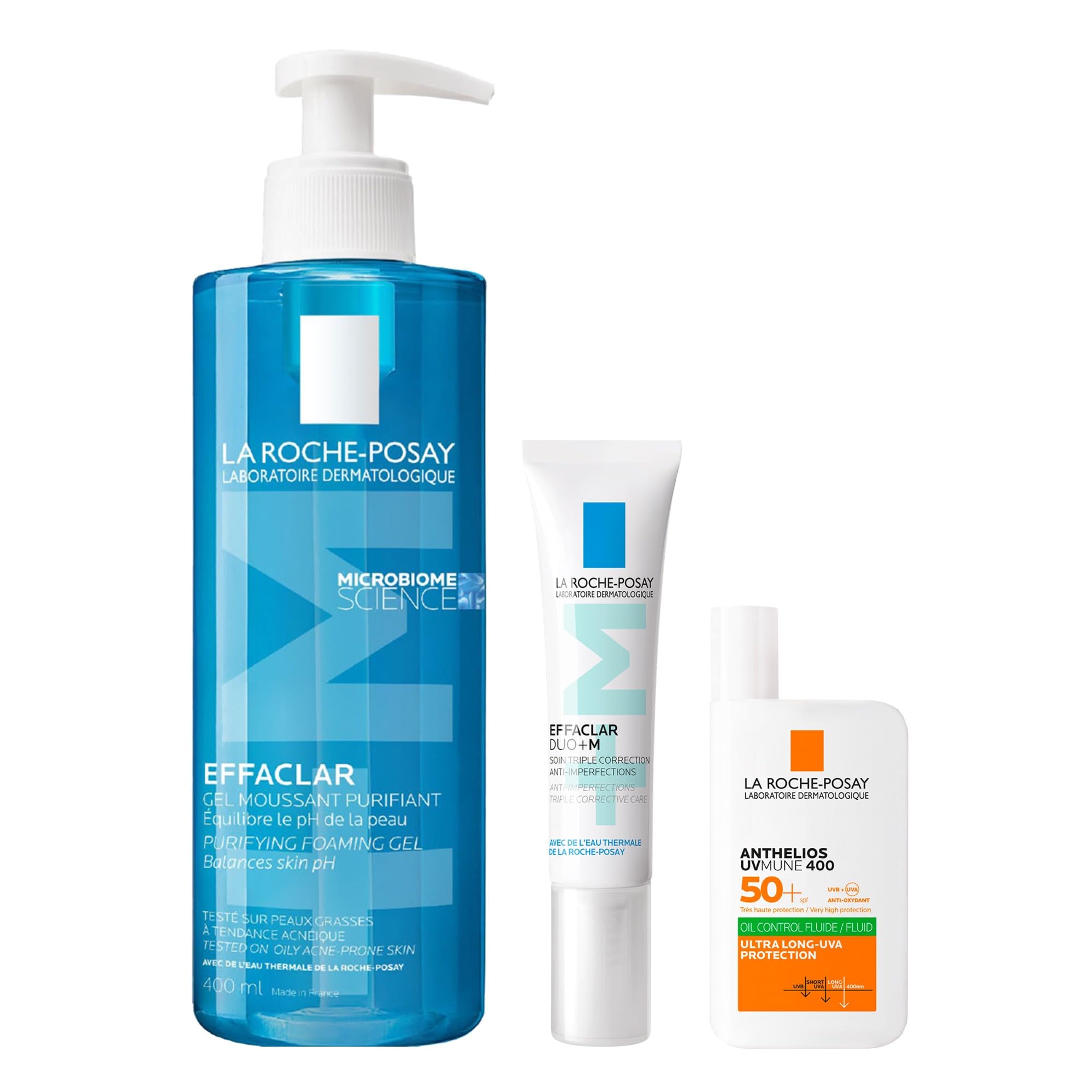La Roche Posay Effaclar & Anthelios Set mit Schäumendem Reinigungsgel, Duo+M Creme & UVMune400 Fluid LSF50+, Pflegeset gegen Unreinheiten & Hautglanz, Für Mischhaut & fettige Haut, 400ml + 40ml + 50ml