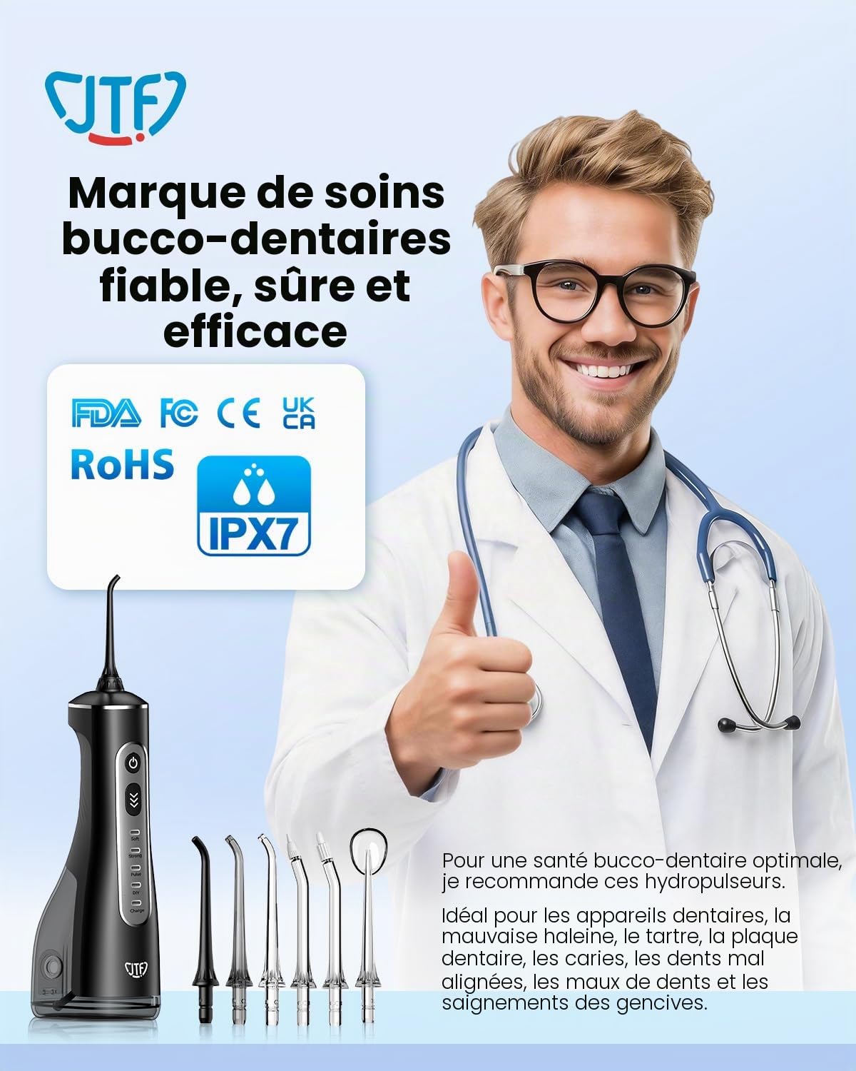 JTF Jet Dentaire Hydropulseur Oral - 300 ML Sans Fil Irrigateur, 3+1 Modes, Étanche IPX7 Water Flosser, Idéal pour Orthodontie, Appareil Dentaire, Gencives Sensibles Maison et Les Voyages(Noir)