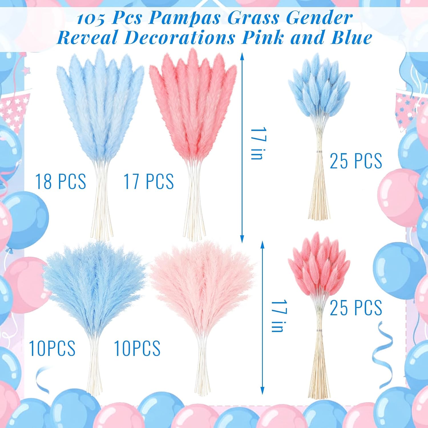 Hoteam 105 Pcs Gender Reveal Decorations Boy or Girl Baby Shower He or She Pink and Blue Pampas Grass, Boho Gender Reveal Pampas Grass Party Decor, Dried Flowers for Table Centerpieces Vase Fillers