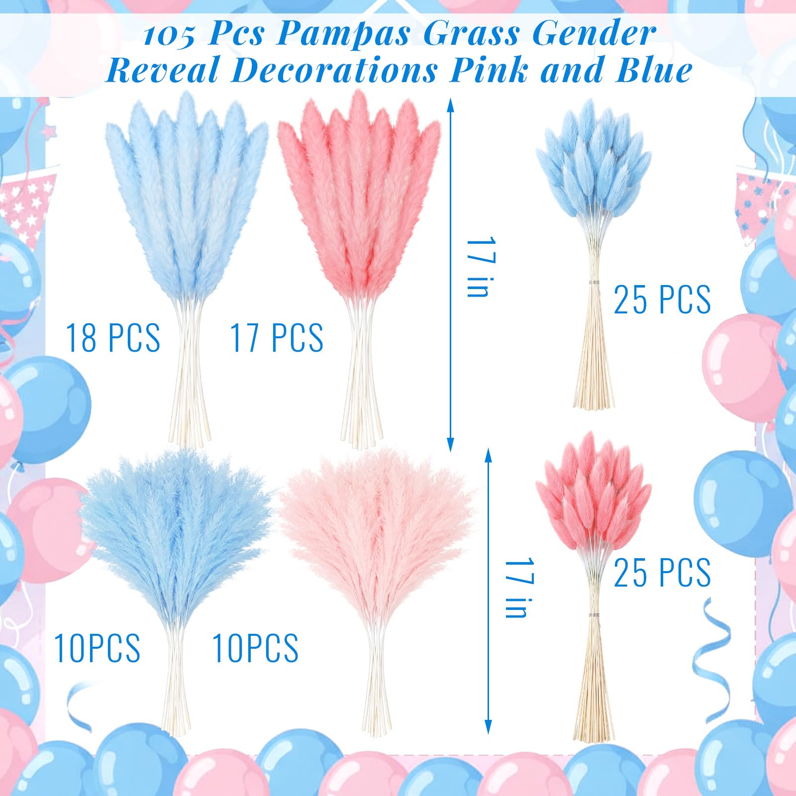 Hoteam Lot de 105 décorations de révélation du sexe rose bleu herbe de la pampa garçon ou fille | Décoration de fête prénatale « He or She » bohème - Herbe de la pampa - Fleurs séchées pour centres de table ou vase