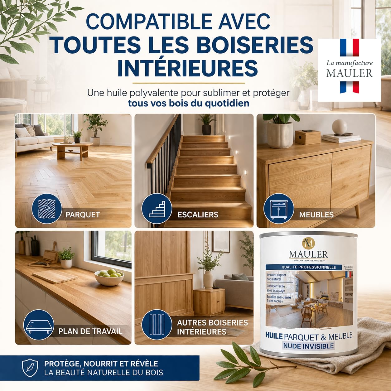 Huile Parquet et Meuble Bois Nude Invisible - 1L Incolore Ultra Mat - Protection rayure, tache, usure - MAULER Professionnel