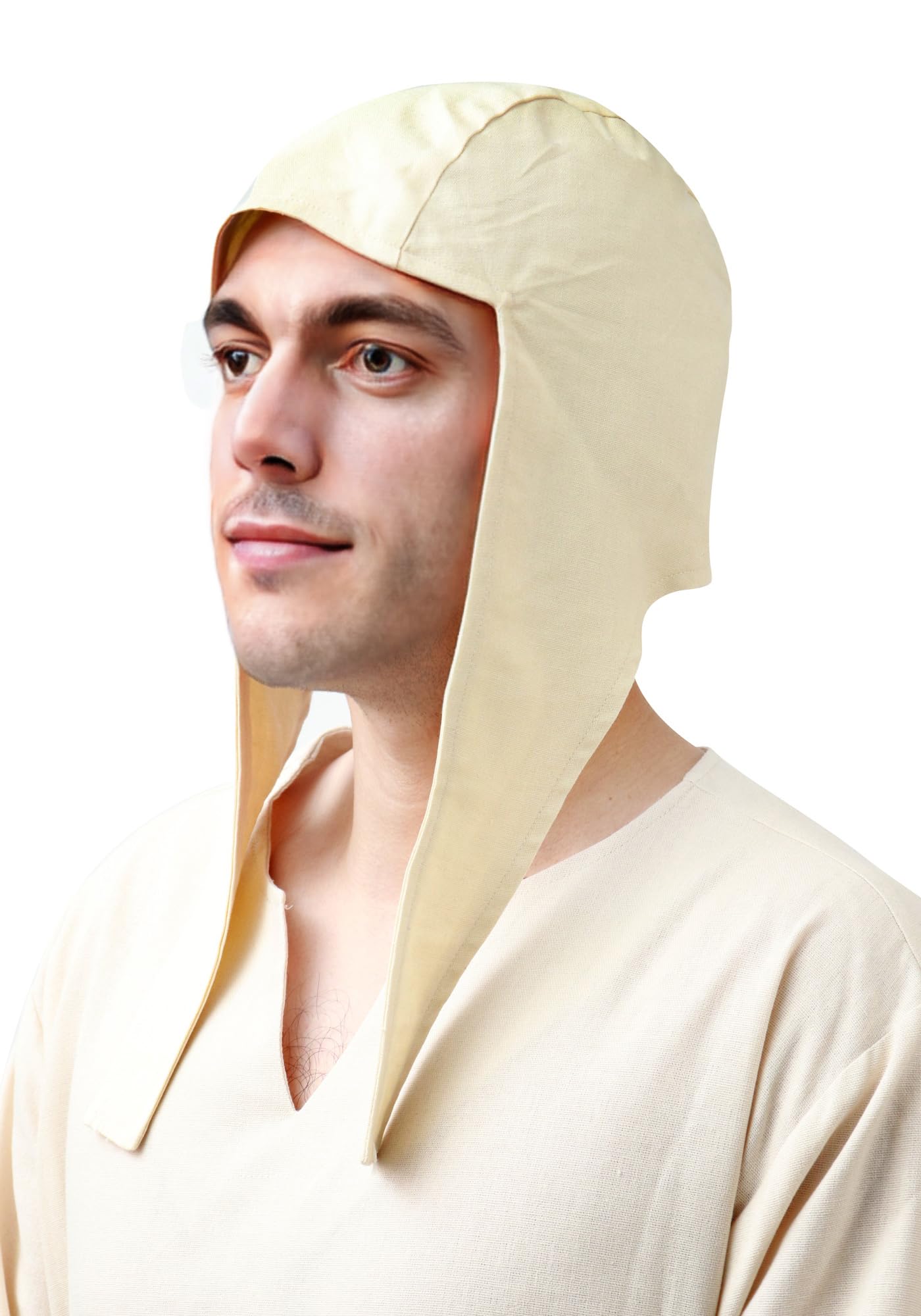 KUOIN Medieval Coif Cap Linen Hats Bonnet with Ear Flaps Victorian Peasant Cosplay Arming Cap Accessories