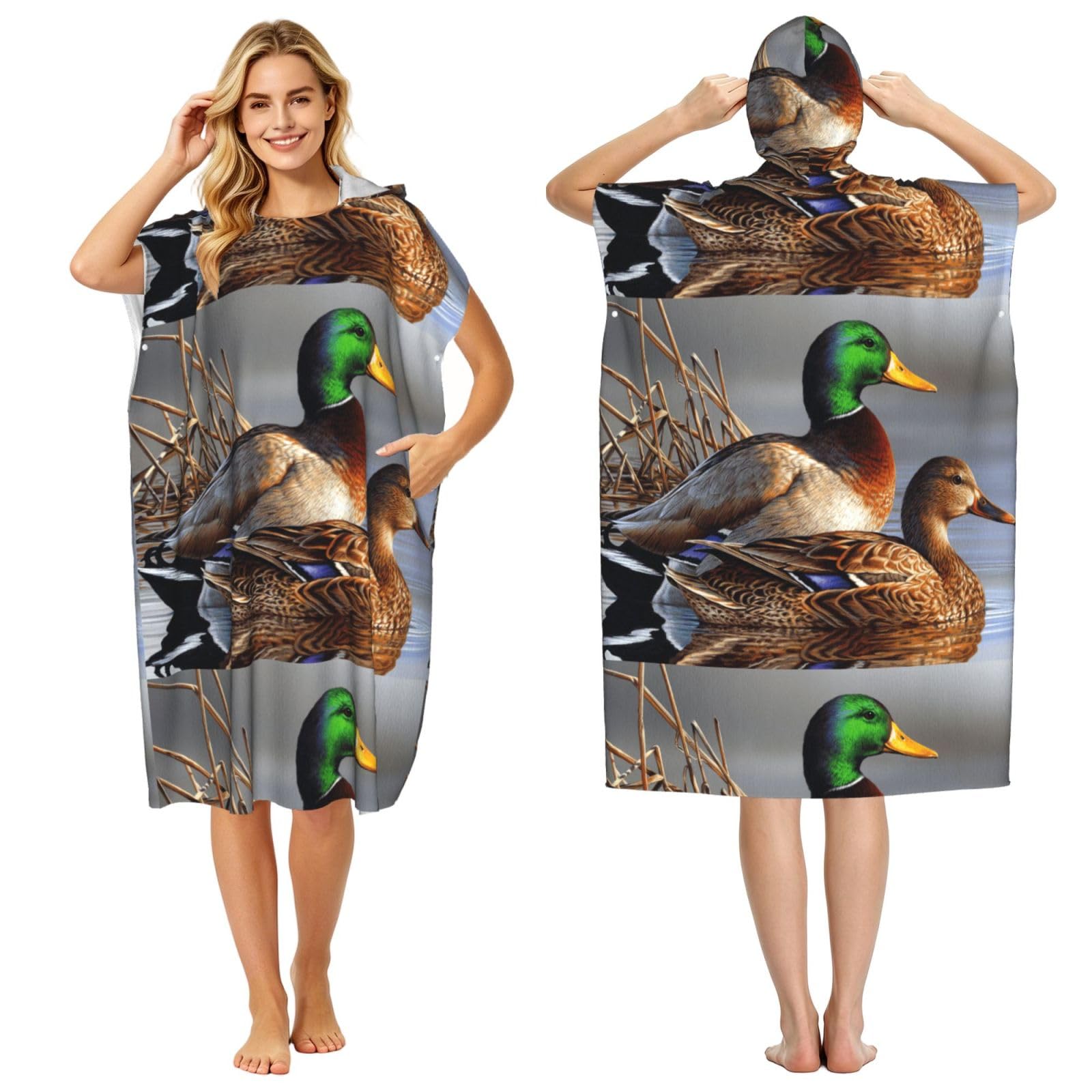 Poadnly Duck On The Water Painting, Adult Hooded Beach Towel 90 x 110 cm,Changing Bath Robe, Surf Poncho Towel For Women Men