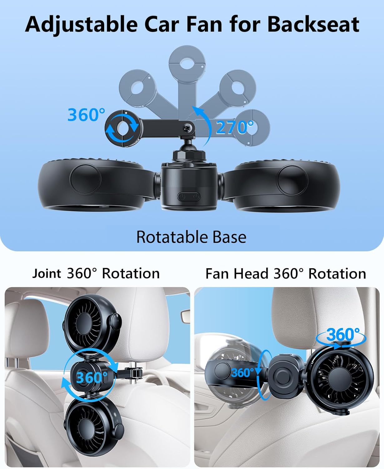 4000mAh Rechargeable Car Fan for Backseat Kids Baby Rear Facing Integrated Magnetic Phone Holder for Car SUV RV Pickup, 360 Rotatable Adjustable Car Seat Fan Dual Head 3 Speed Quiet