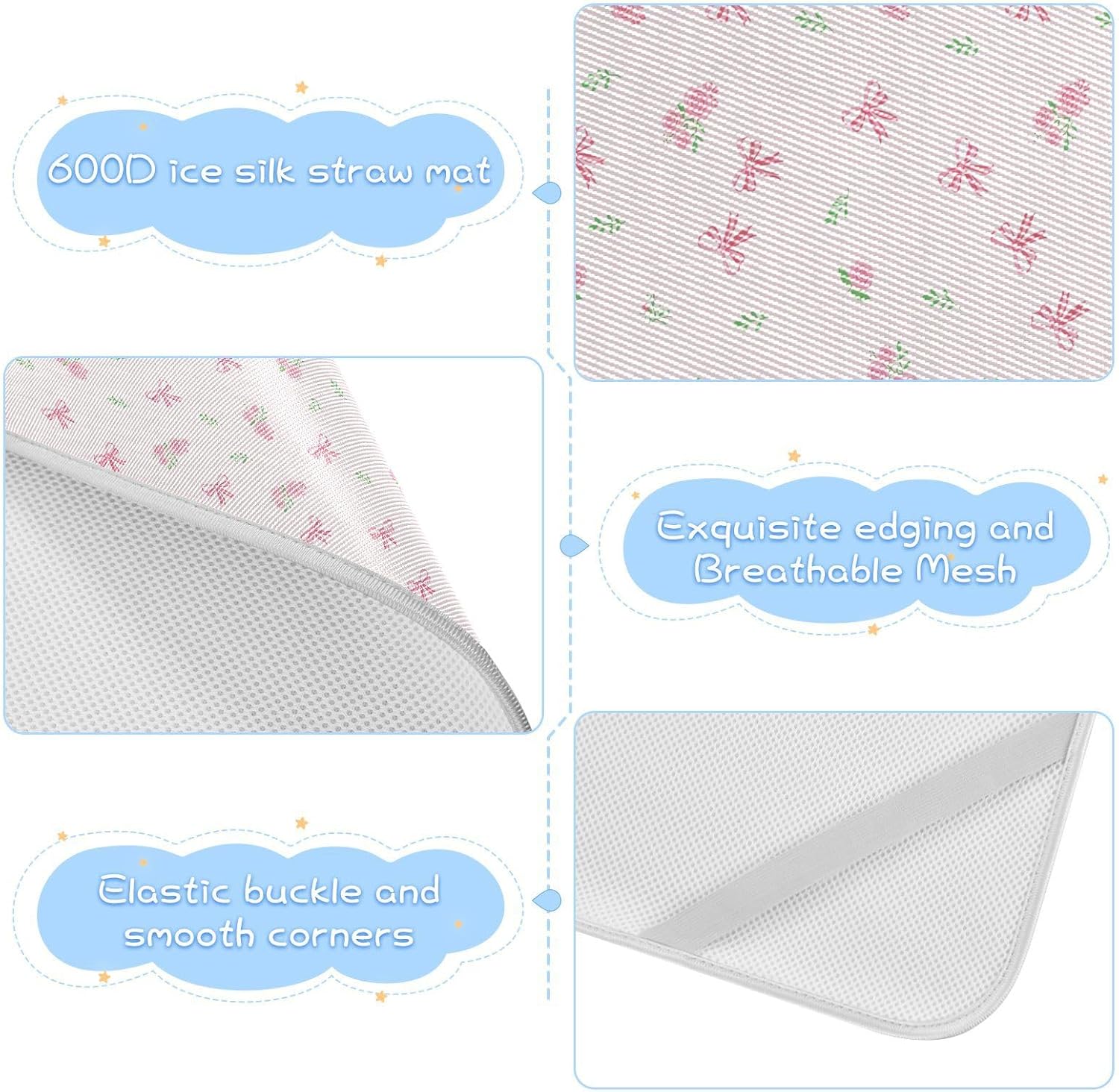 Baby Cooling Mat Floral Pattern Pink Ice Silk Breathable Mesh Summer Crib Mattress Pad with Pillowcase, Soft Cooling Sleeping Surface for Infant & Toddler, 52"x28"