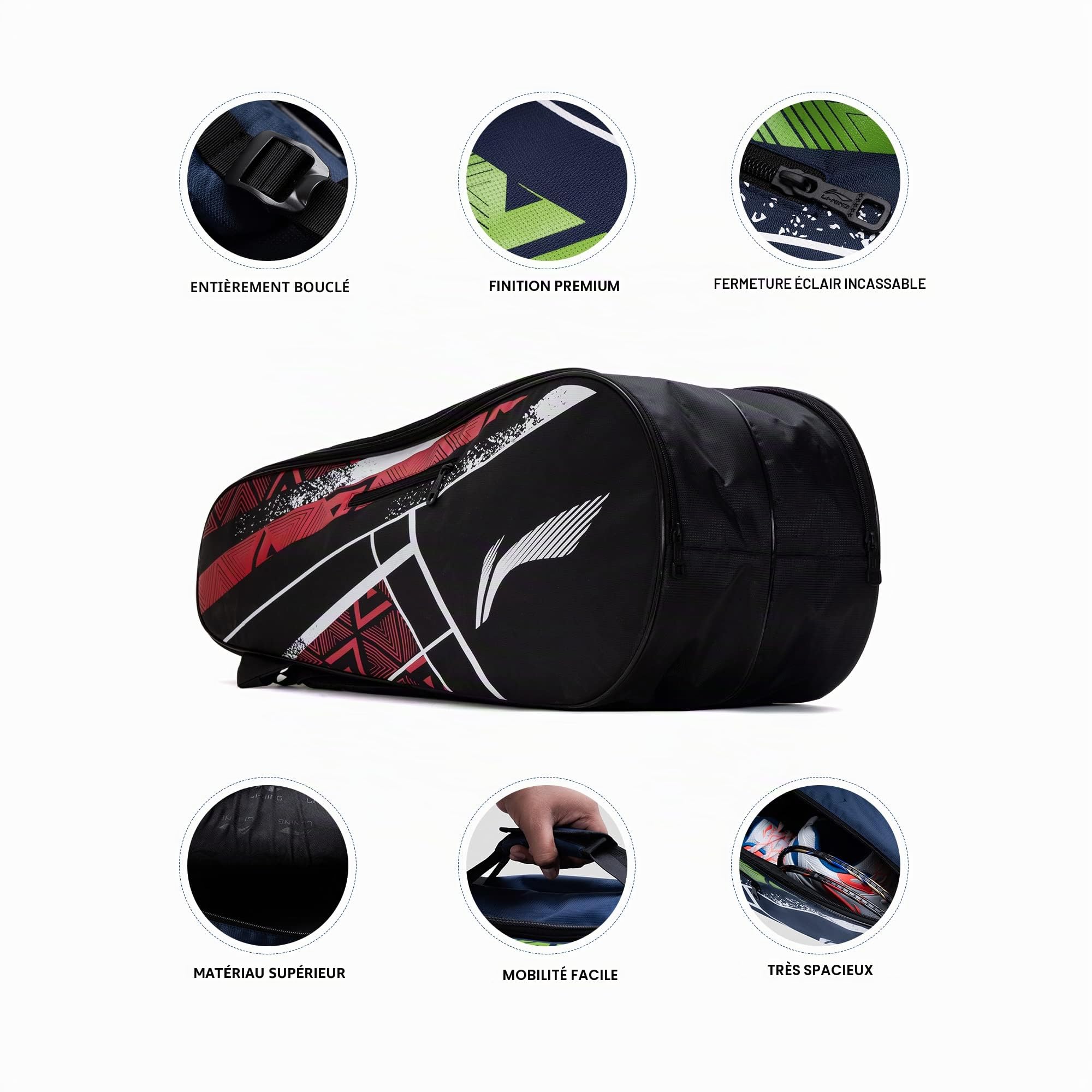 Li-Ning Raider Max Sac de Badminton en Polyester à Double Fermeture éclair (Noir, Grand) | Fermetures éclair incassables | Mobilité Facile | Unisexe – Homme, garçon, Fille, Femme