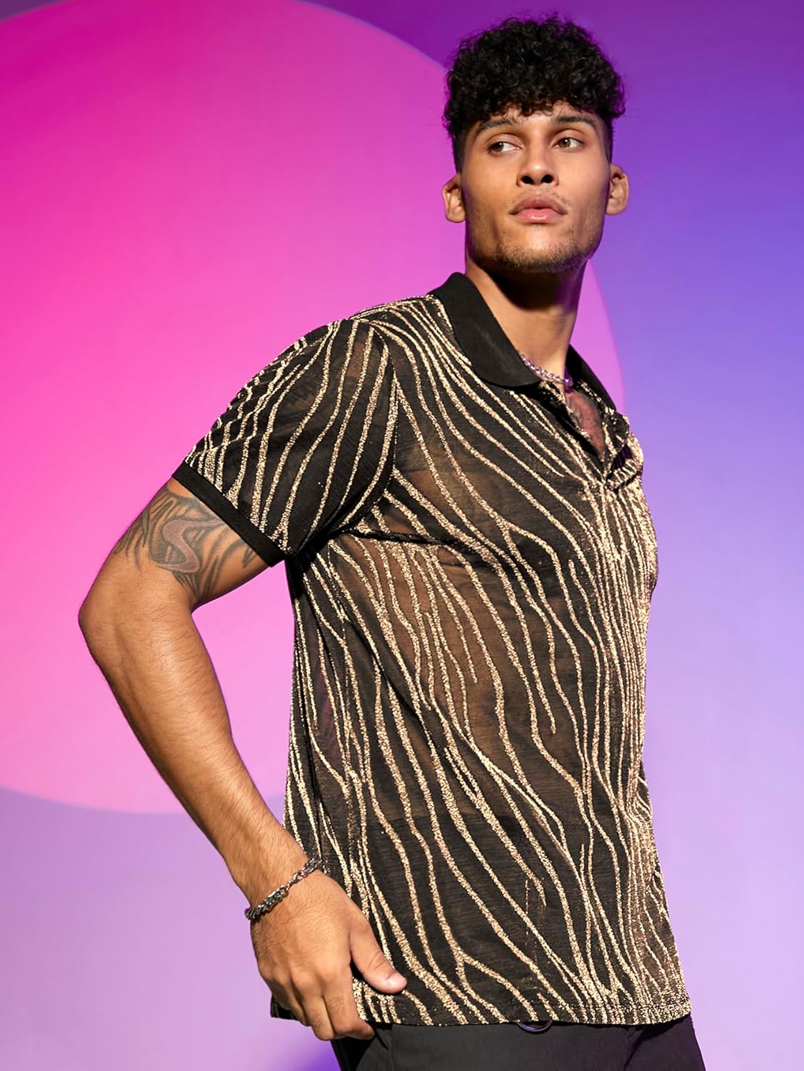 WDIRARA Men's Marble Print Glitter Mesh Sheer Collared Short Sleeve Tee Top Striped Party T Shirt - Image 3