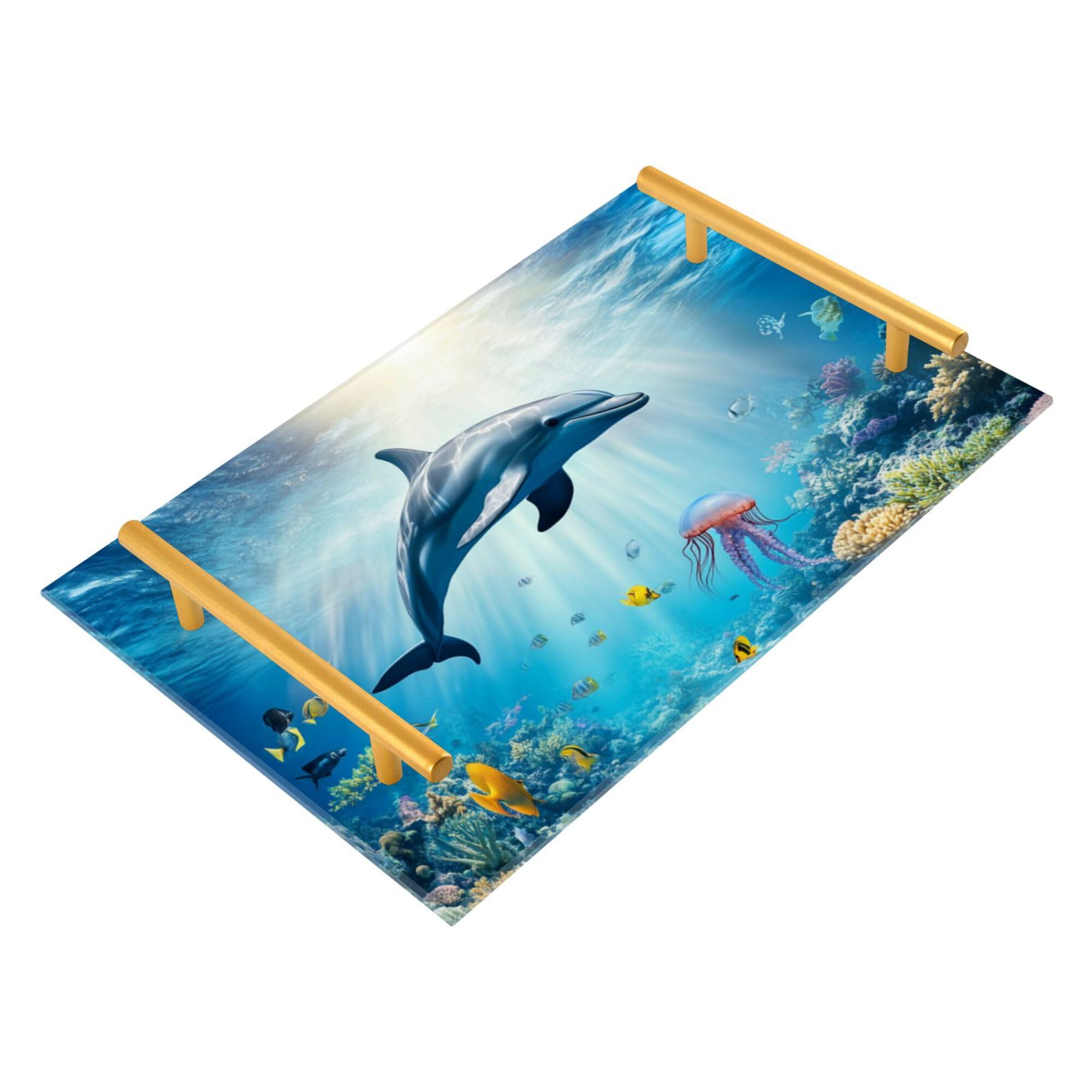 Bathroom Vanity Tray Counter Organizer, Dolphin in The Sea Decorative Tray with Handles Countertop Storage for Bathroom Bedroom Kitchen Home Farmhouse