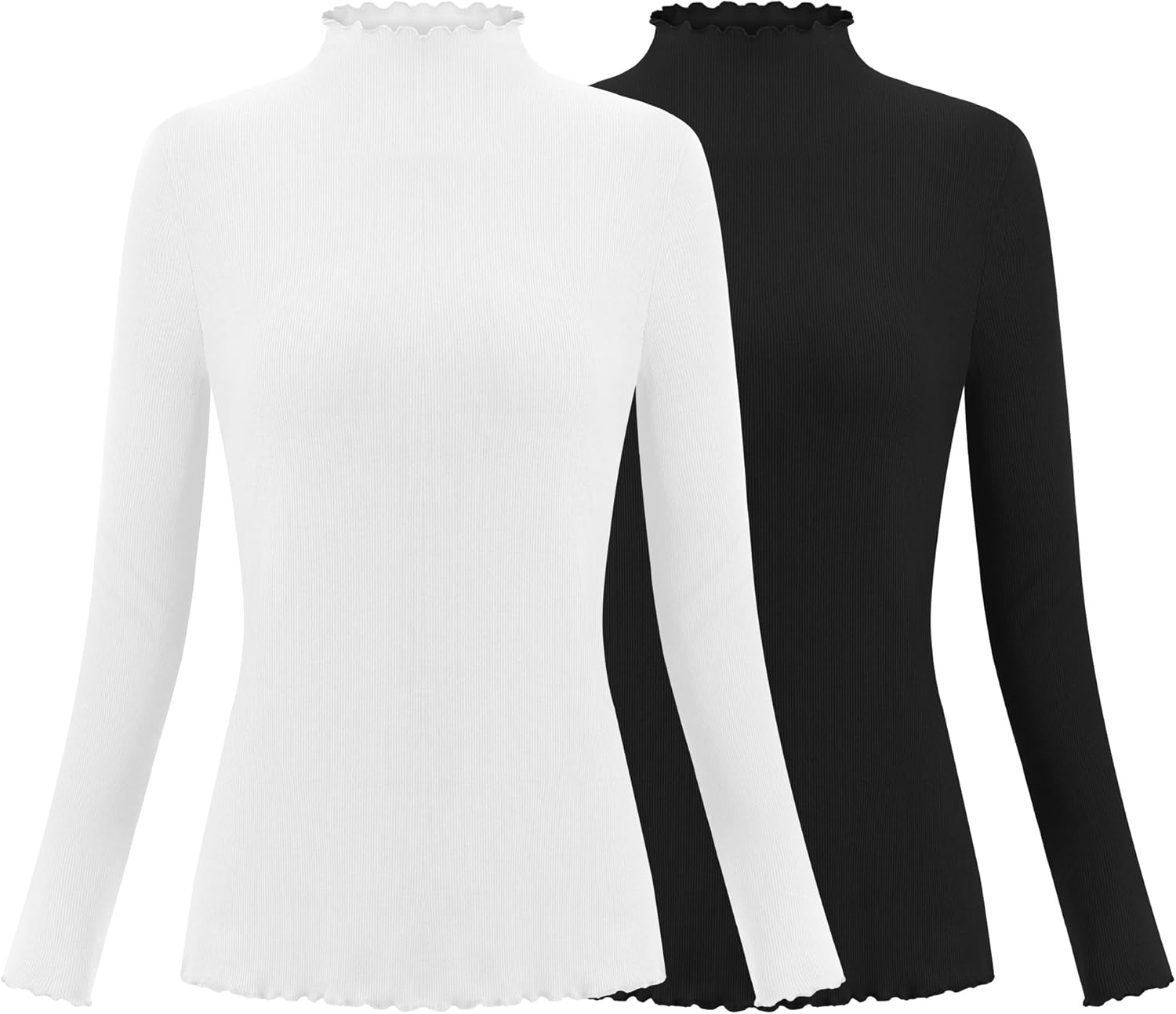 Herou 2 Pack Women Lettuce Trim Ribbed Knit Long Sleeve Top Mock Neck Basic Layer Tops Turtleneck Thermal Underwear Tops