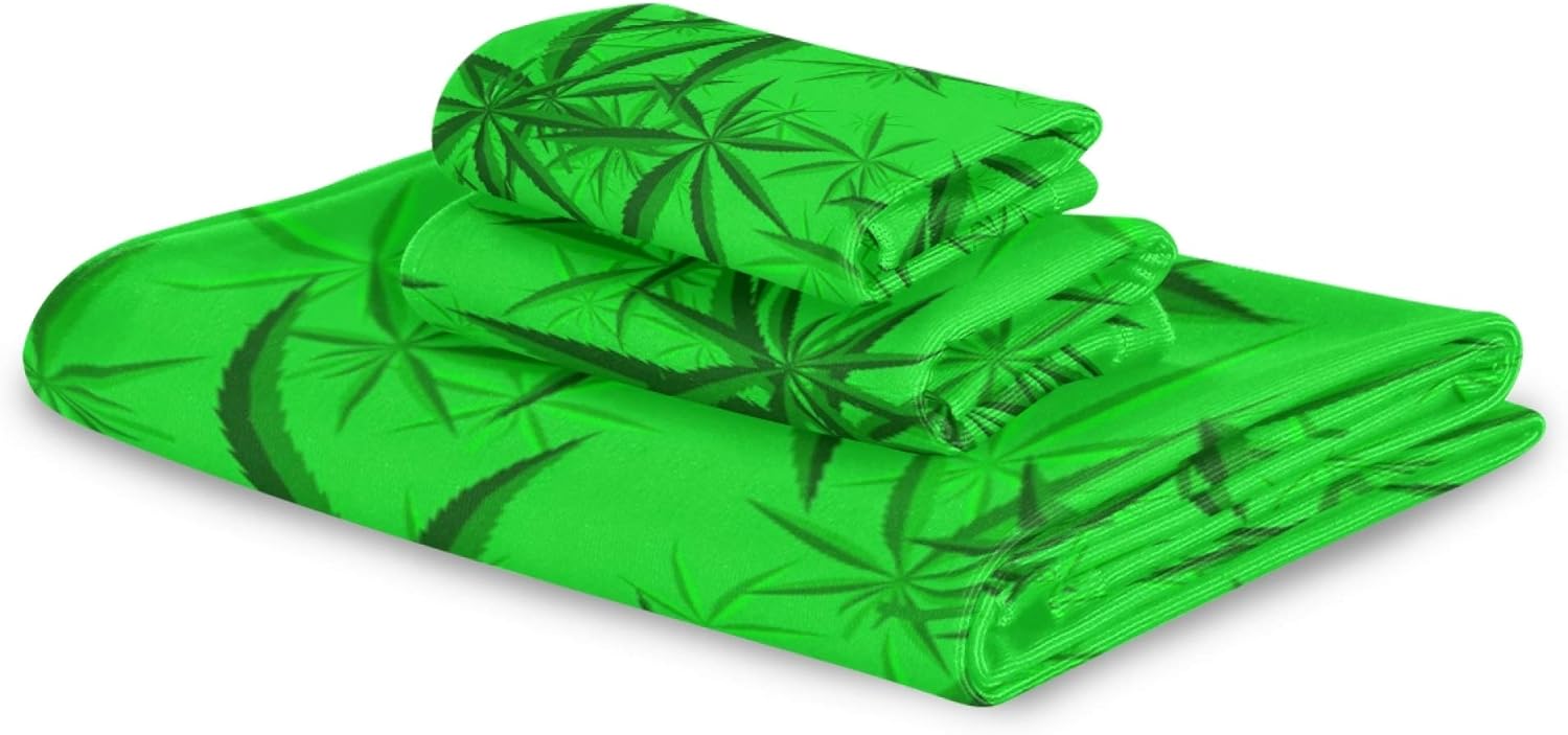 Naanle 3-Piece Towel Set,Marijuana Leaves Hemp Cannabis Leaf On Bright Green Bath Towel Sets, 1 Bath Towel, 1 Hand Towel, 1 Washcloth, Absorbent Soft Towels Quick Drying for Bathroom