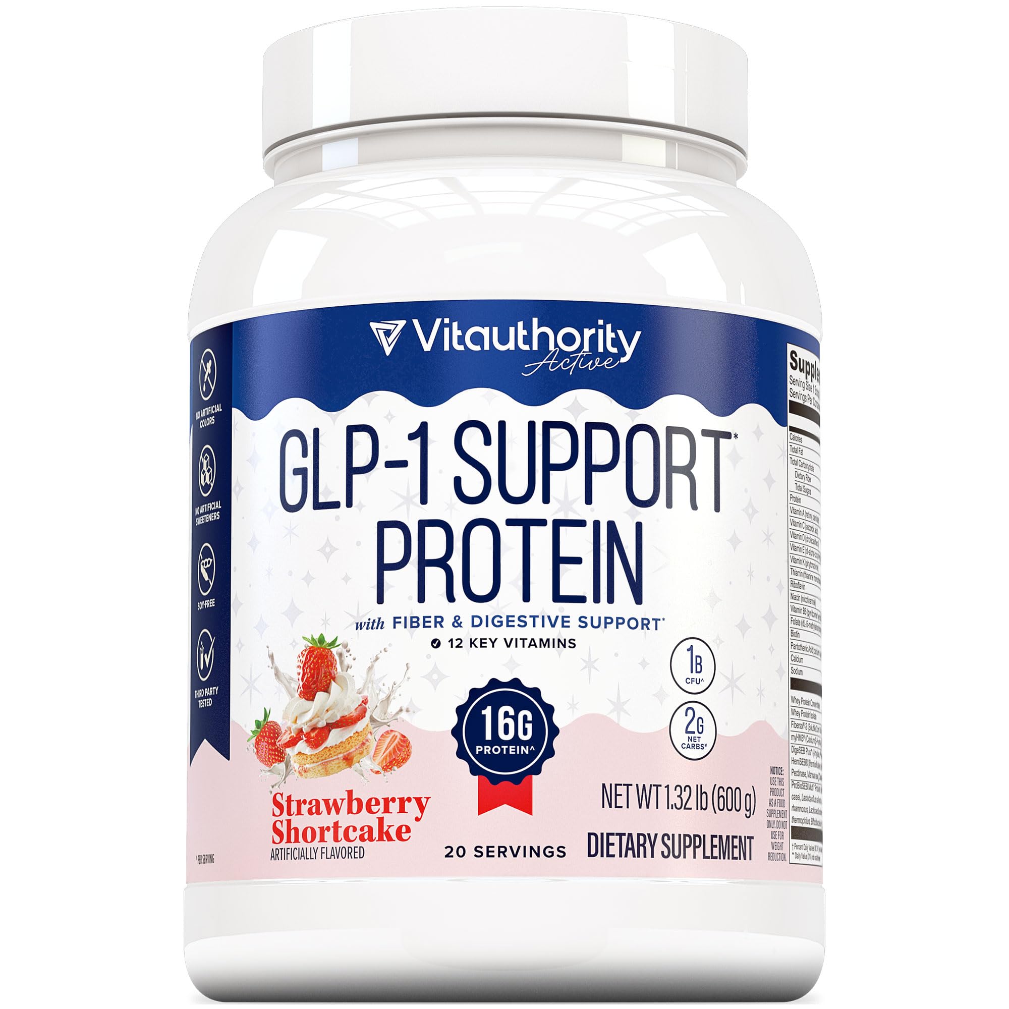GLP-1 Support Whey Protein Powder Supplement with Fiber, Probiotics, & Digestive Enzymes | Supports Lean Muscle, Digestion, and Nutrients 12 Key Vitamins | Strawberry Shortcake Flavor 20 Servings