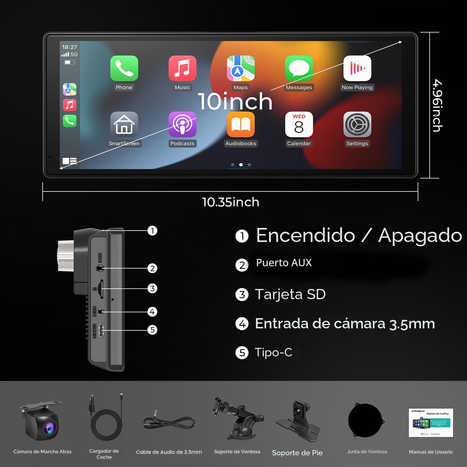 Radio de coche inalámbrica A-pple Carplay y Android Auto con pantalla táctil de 10,26 pulgadas: cámara de marcha atrás 1080p, Mirror Link, Siri, FM, Bluetooth - navegación Drive Mate portátil