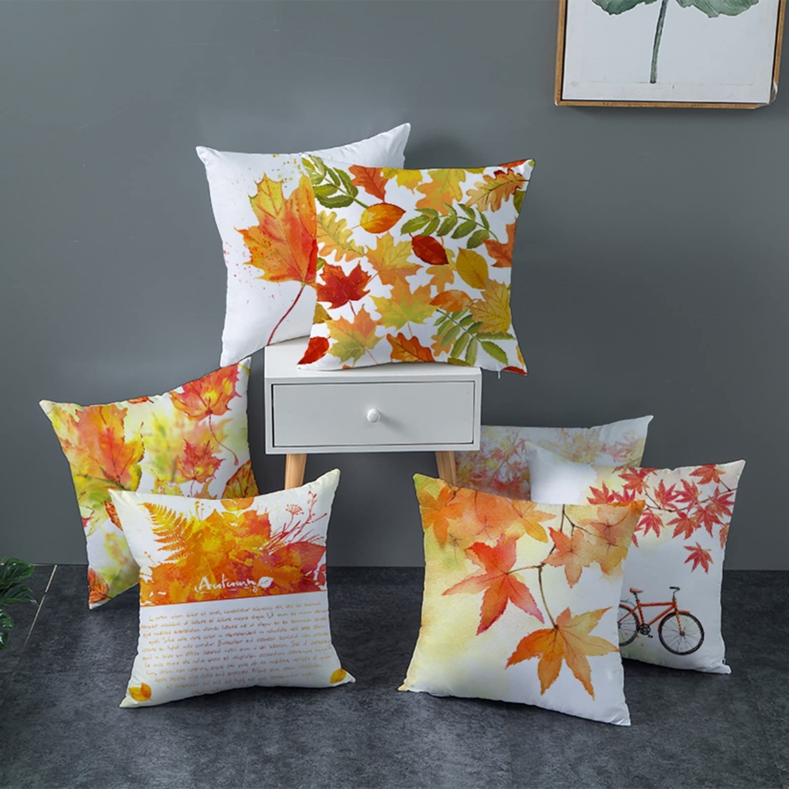 AmDxD Juego de 4 fundas de cojín navideñas de 50 x 50 cm, con estampado de hojas otoñales, en poliéster, para casa, salón, dormitorio, oficina, decoración de sofá, naranja, verde y marrón