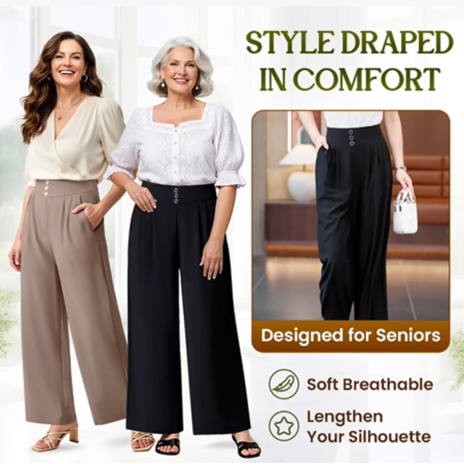 Palazzo - Pantaloni da lavoro da donna, eleganti, in vita elasticizzata, tinta unita, con pieghe, casual, da lavoro, morbidi, comodi, da ufficio, per il tempo libero, 7/8, con tasche