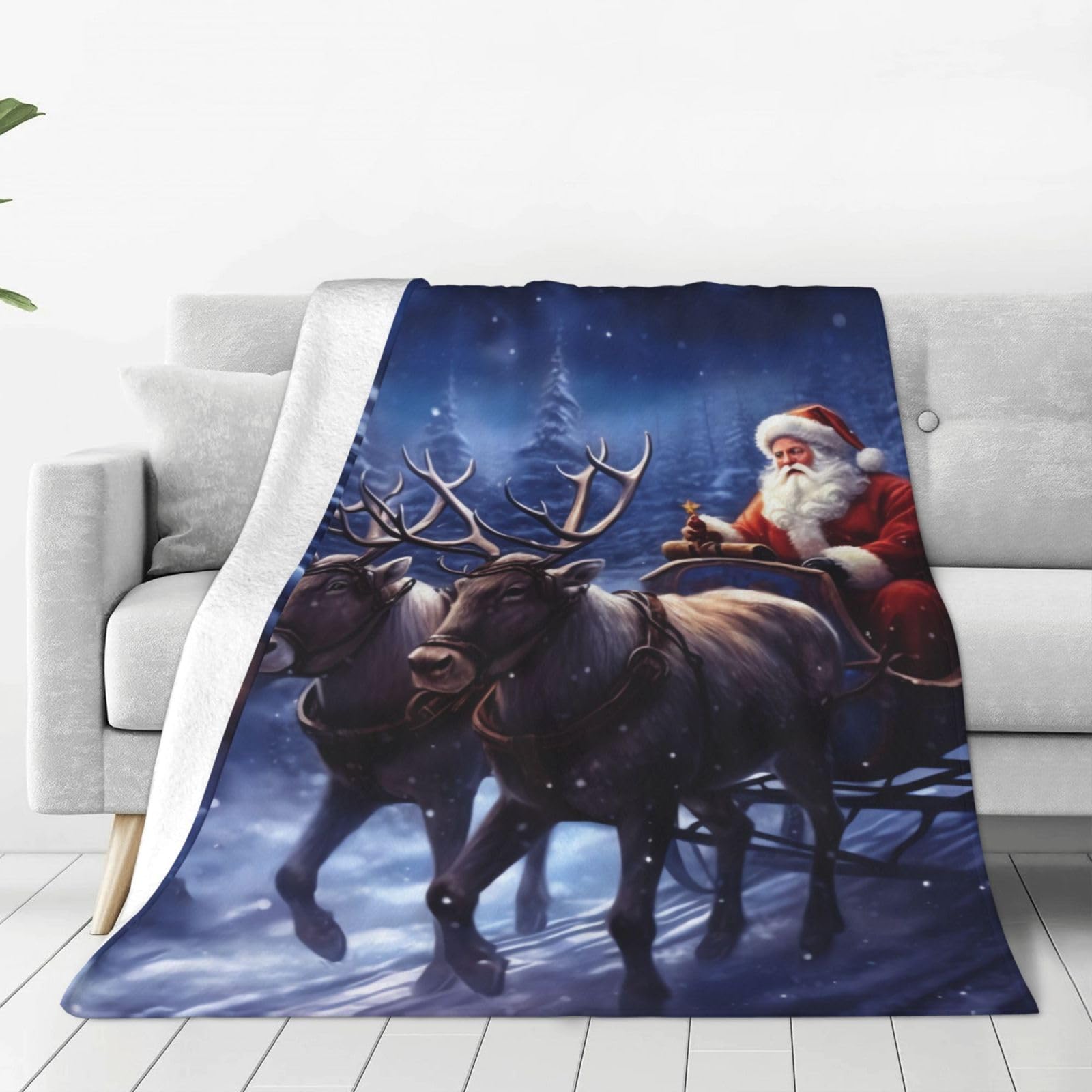 Snow Night Santa and Deer Throw Blanket for Couch, Plush Fuzzy Soft Flannel Blankets and Throws for Sofa, 80"x60" Bed Blankets for Travel Camping Chair, All Season Warm Fleece Blanket