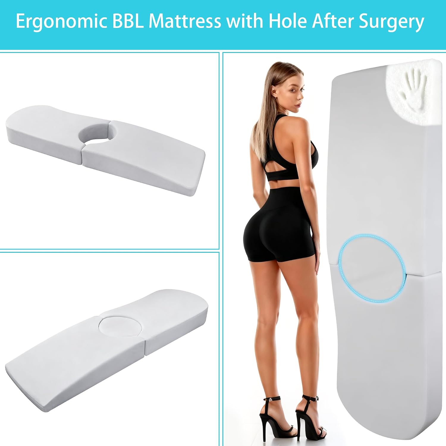 BBL Bed After Surgery for Sleeping, Larger Ergonomic BBL Pillow with Hole, High-Density Support Foam Brazilian Butt Lift Recovery Mattress with Removable Cover (Grey)