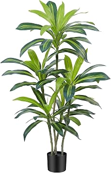 Dracaena Plant Artificial Tree 4Ft Tall Fake Tropical Floor Plants Potted Real Touch Artificial Silk Tree Leaf Faux Trees Black Tall Planter for Home Office Living Room Indoor Outdoor Decor