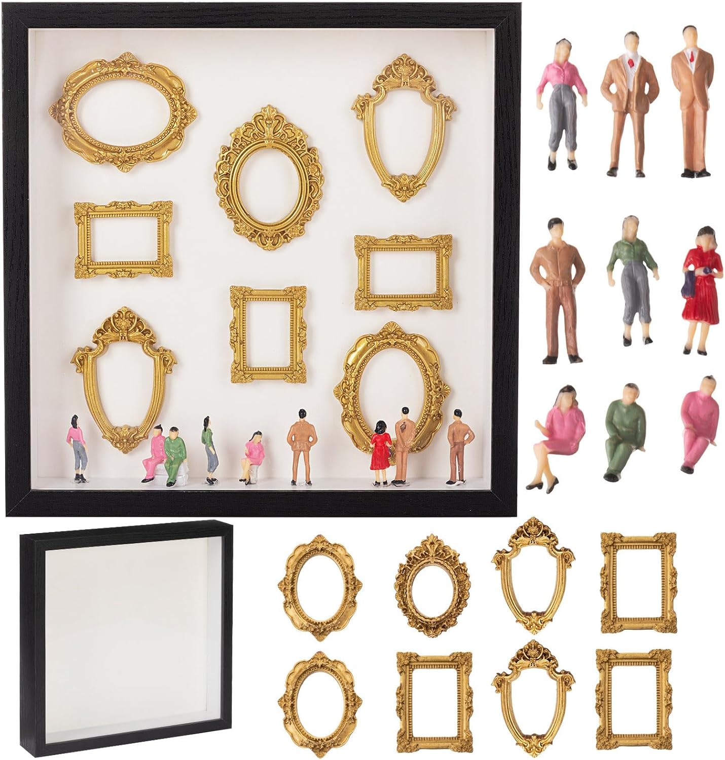 Lineshading DIY Mini Silhouette Shadow Box Frame Kit with 8 Gold Mini Frames and 9 Figurines Personalized Memory Collage Frame for Anniversary Wedding Birthday Home Decor(Black)