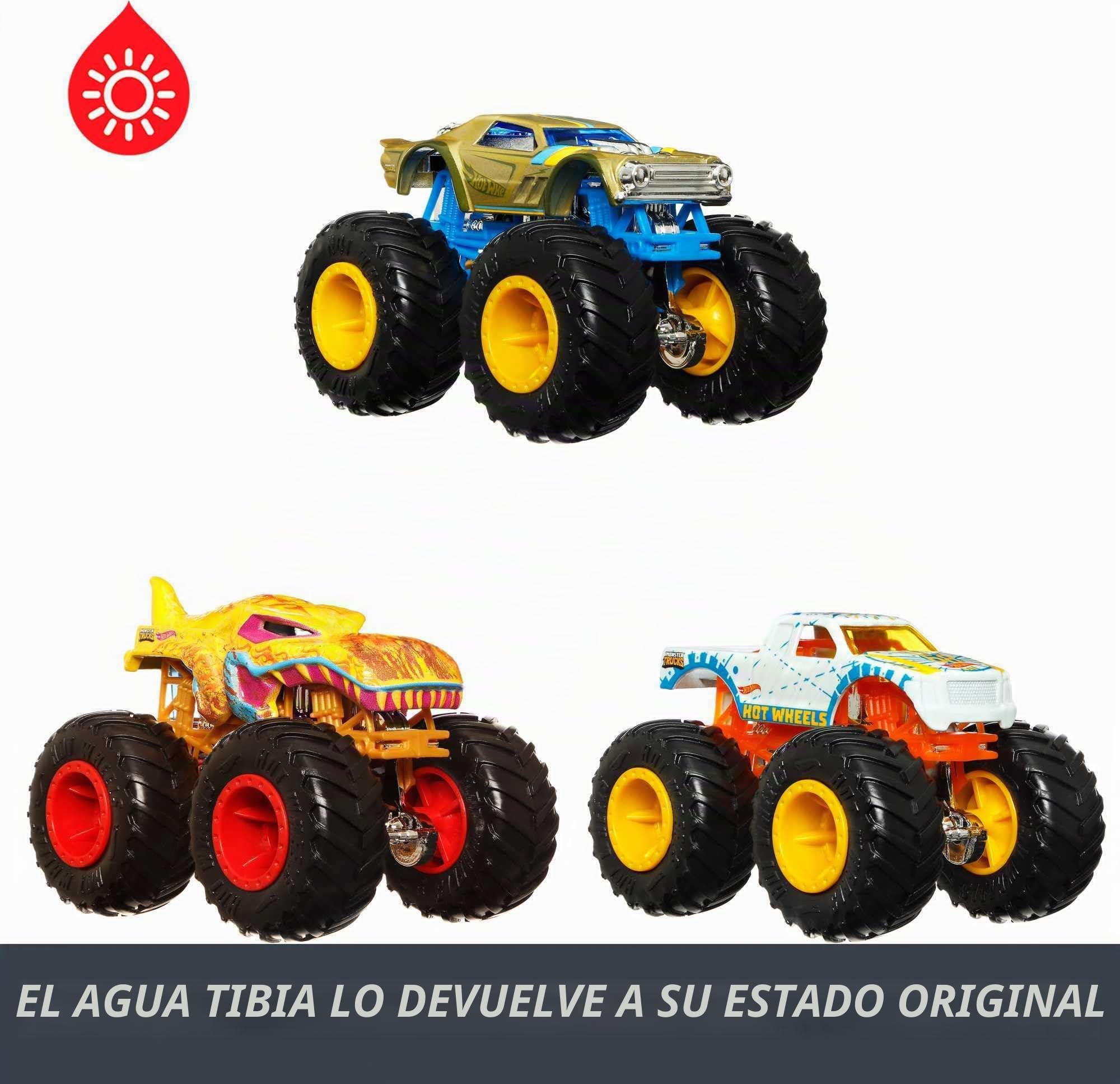 Hot Wheels Monster Trucks Color Shifters Pack 3 Coches de Juguete Que cambian de Color con Agua, +4 años (Mattel HGX20)
