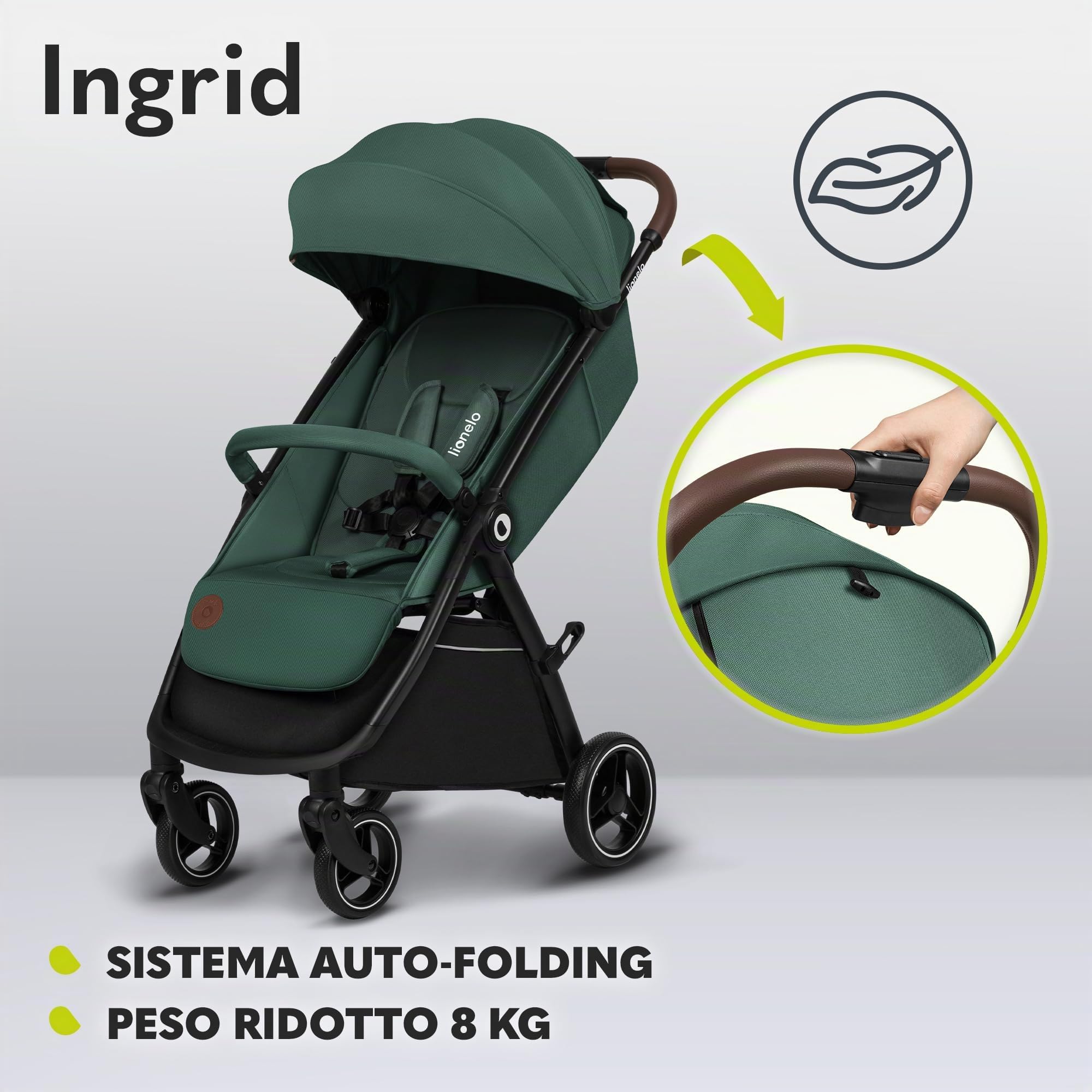 LIONELO INGRID Passeggino leggero per bambini 6 mesi 4 anni 22kg Grandi ruote 360° Schiuma EVA Assorbimento Pieghevole Schienale poggiapiedi regolabili