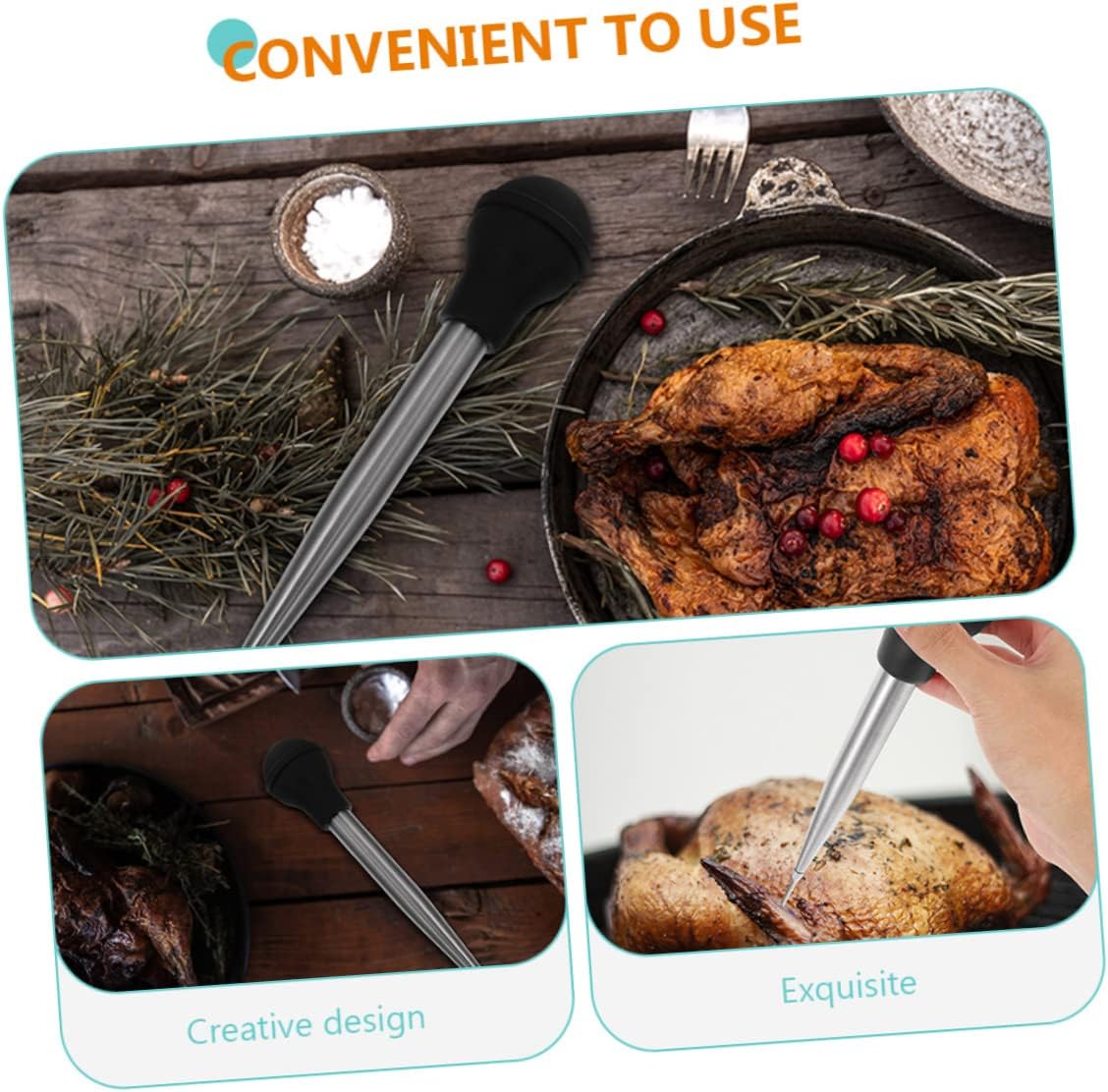 Stainless Steel Turkey Injector with Silicone Syringe for Marinades Easy Flavor Injection for Bbq Meat Seasoning Tool for Poultry and Beef Portable Gravy Collector