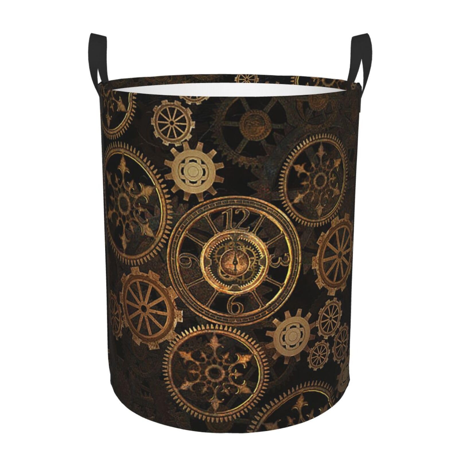 M Collapsible Round Gears Clock Bronze Century Print Laundry Hamper