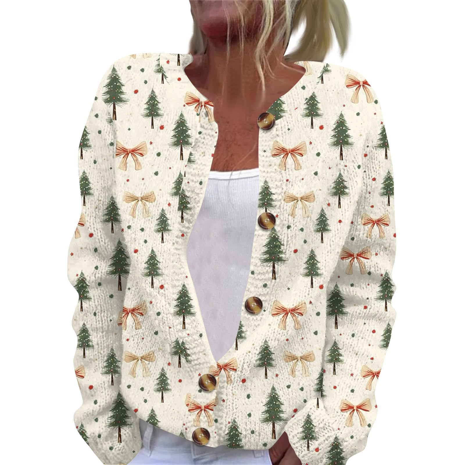 Ugly Christmas Sweater Women Long Sleeve Holiday New Years Open Front Reindeer Sweater Cardigan