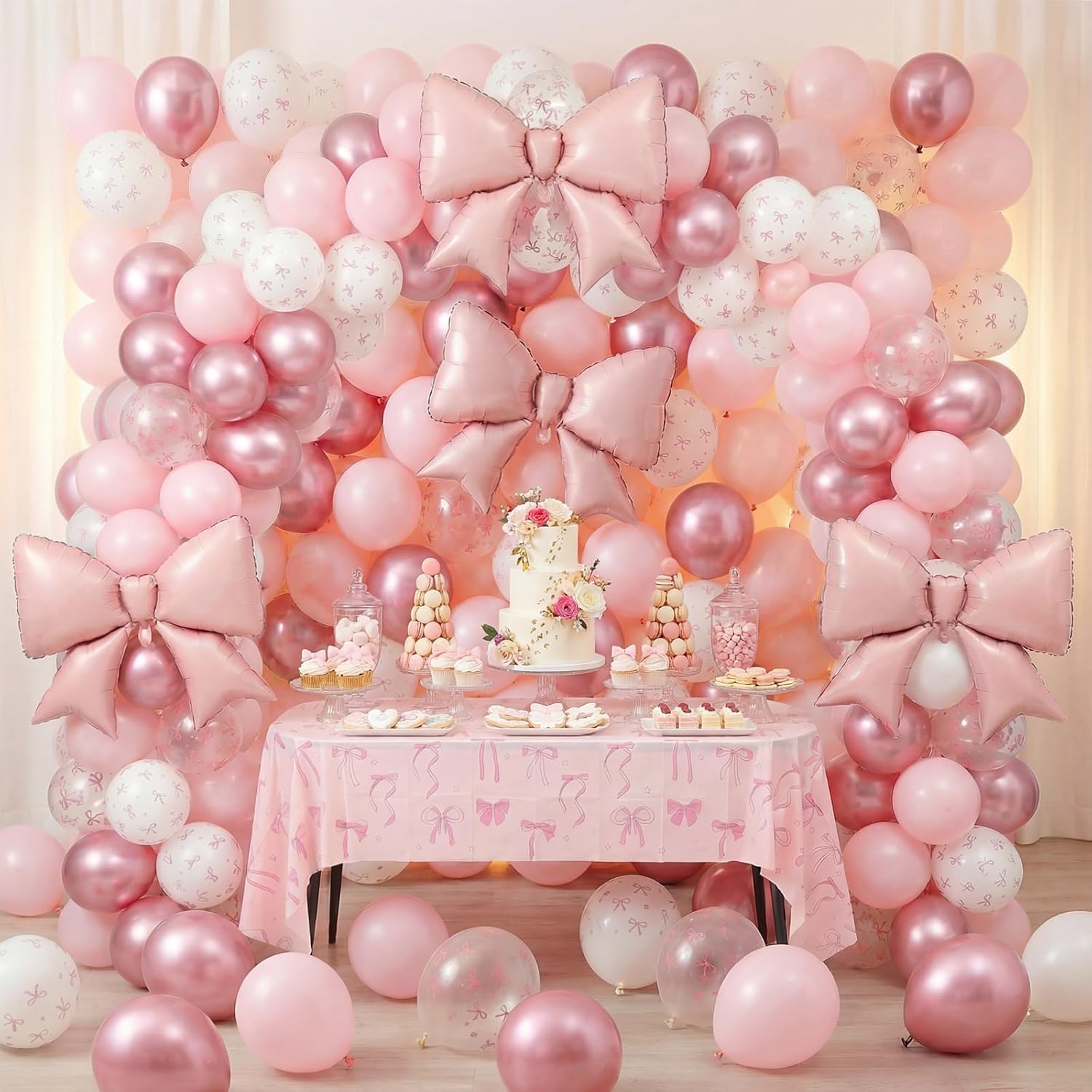 112Pcs Pink Bow Birthday Decorations Balloons Table Cloth Set for Party, 100PCS 12" Pastel Light Pink Bow Print Coquette Balloon, 4PCS 38" Giant Pink Bow Balloons, 3PCS Decor Tablecloths Girls Women